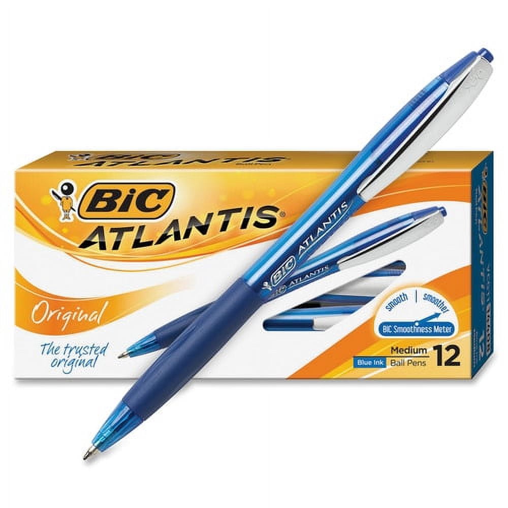 BIC Atlantis Retractable Pens Medium Pen Point - 1 mm Pen Point Size - Blue - Clear Barrel - 12 / Dozen