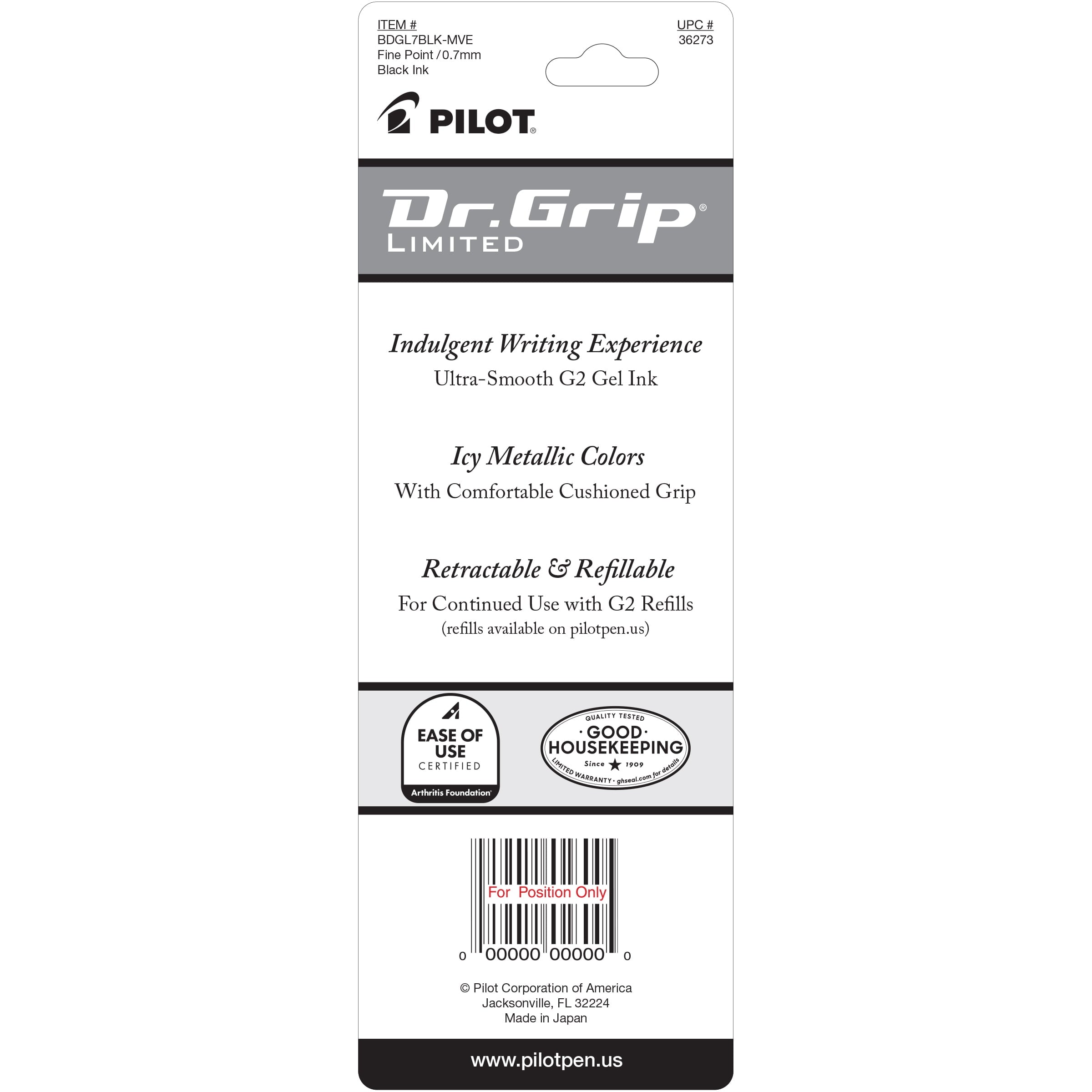Pilot Dr. Grip Limited Gel Rollerball Pen, Fine Point, 0.7 mm, Mauve Barrel, Black Ink, 1 Count