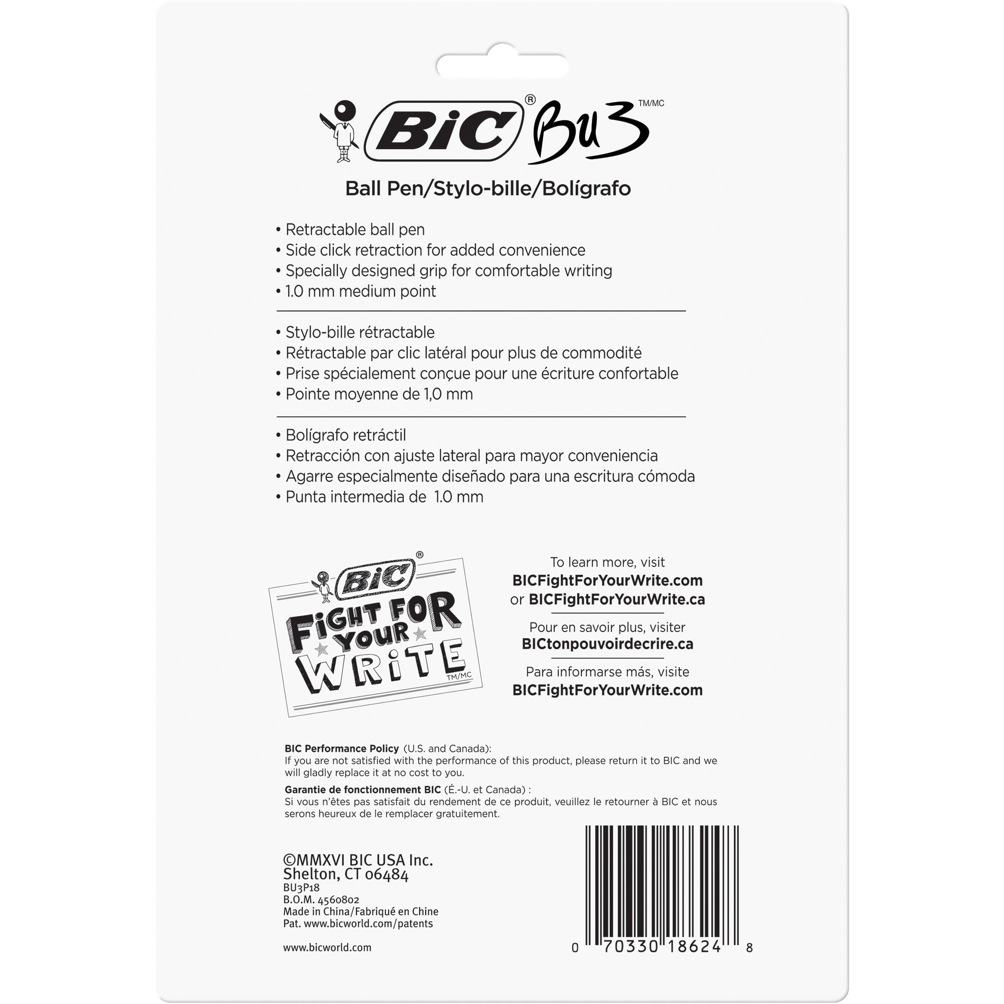 BIC BU3™ Grip Retractable Ball Point Pens, Assorted, 18 Pack