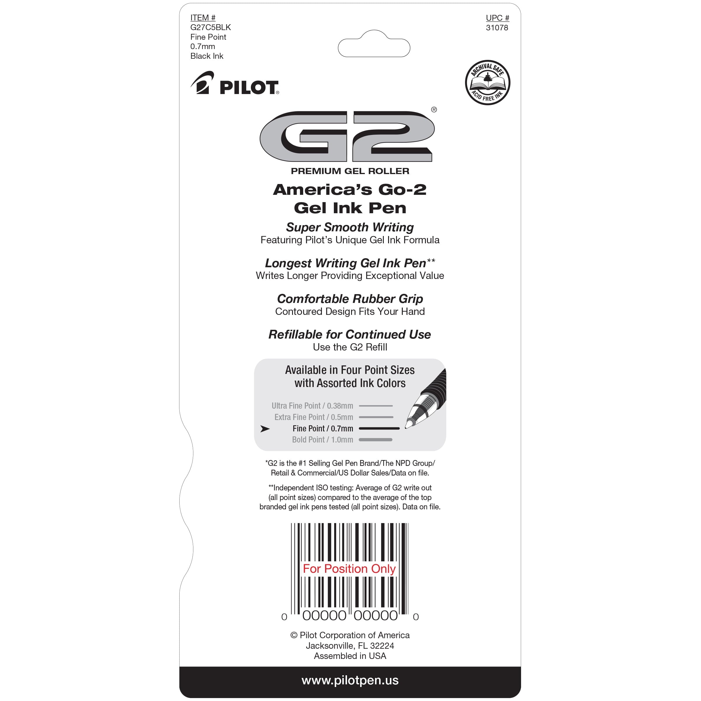 Pilot G2 Retractable Gel Ink Pens, Fine Point, 0.7mm. Black Ink, 5 Pack