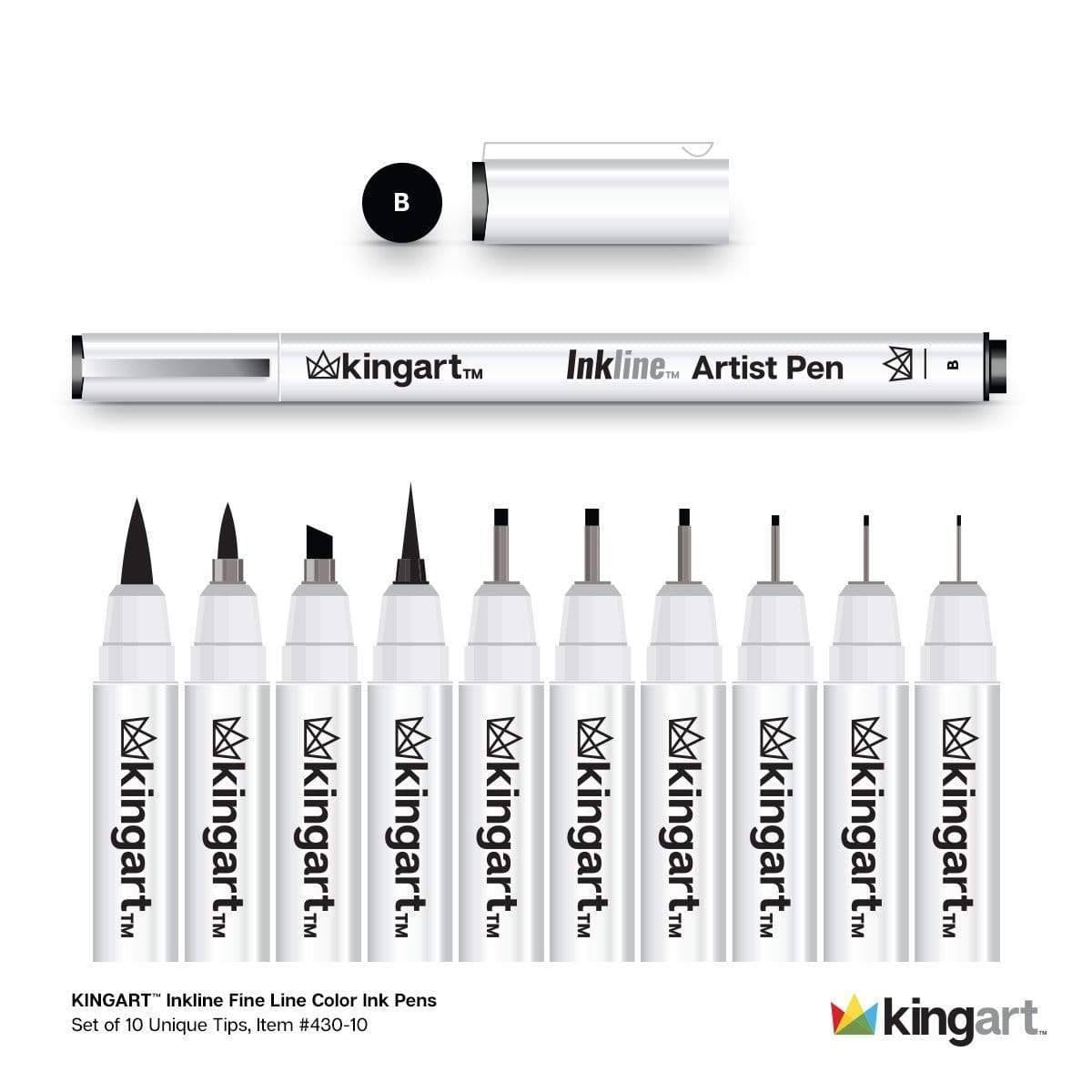 KINGART Inkline Art & Graphic Pens, Fine Line, Archival Black Ink, Assorted Sizes, 10 Count