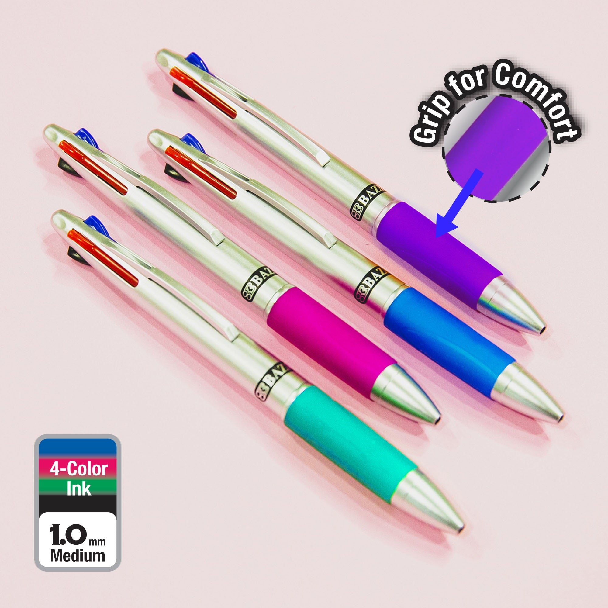 BAZIC Ballpoint 4-Color Retractable Pen Soft Grip, 1.0mm, (2/Pack), 4-Pack