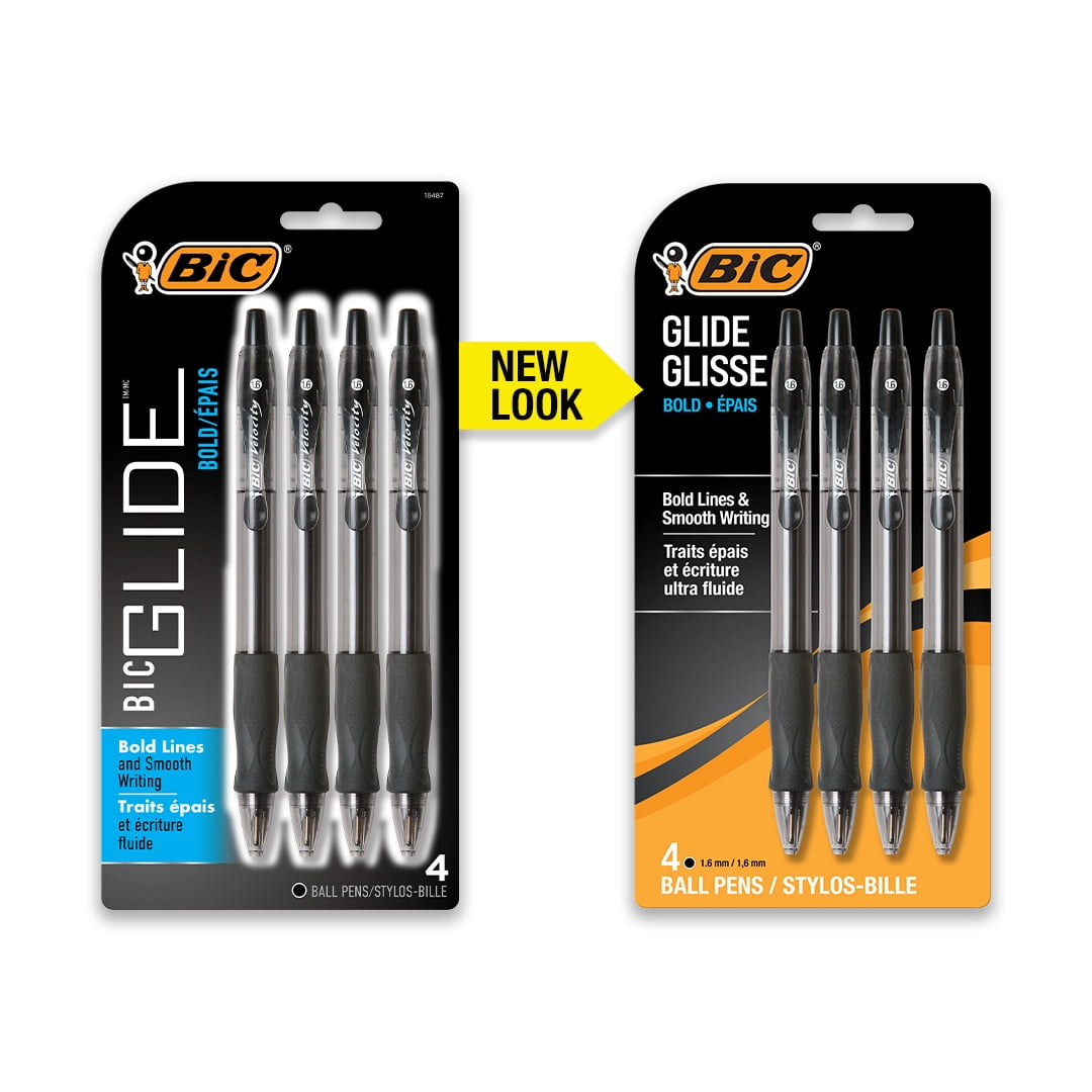 BIC Glide Retractable Ball Pens, Bold Point, 1.6mm, Black Ink, 4 Count