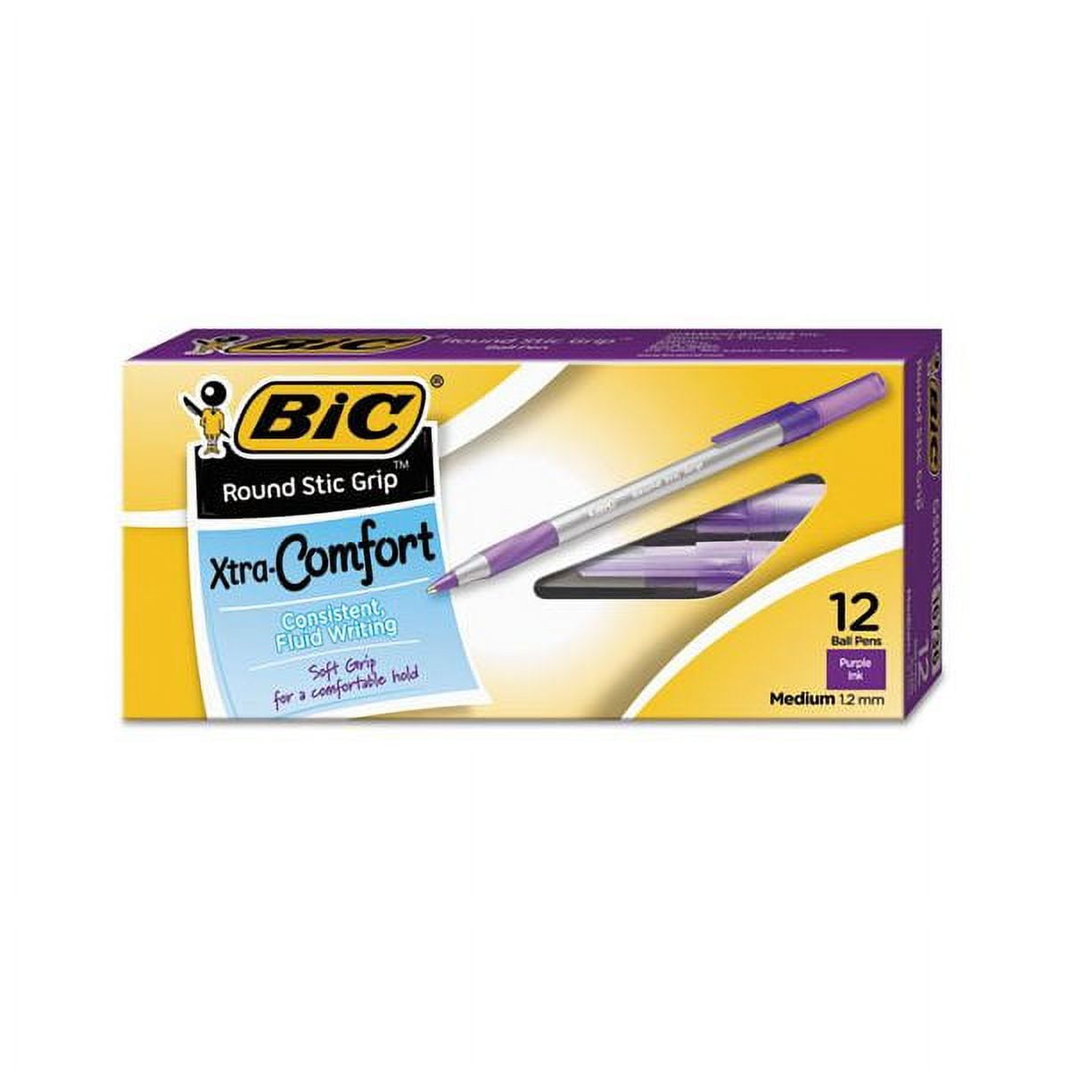 2PC BIC Round Stic Grip Xtra Comfort Ballpoint Pen, Easy-Glide, Stick, Medium 1.2 mm, Purple Ink, Gray/Purple Barrel, Dozen