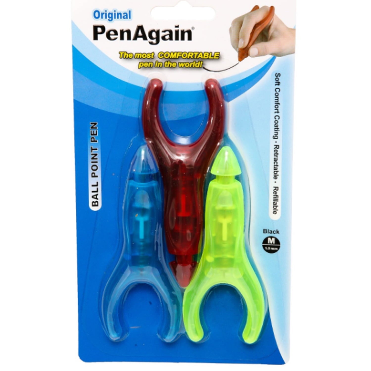 PenAgain Ergonomic Pen, Black Ink, Pack of 3