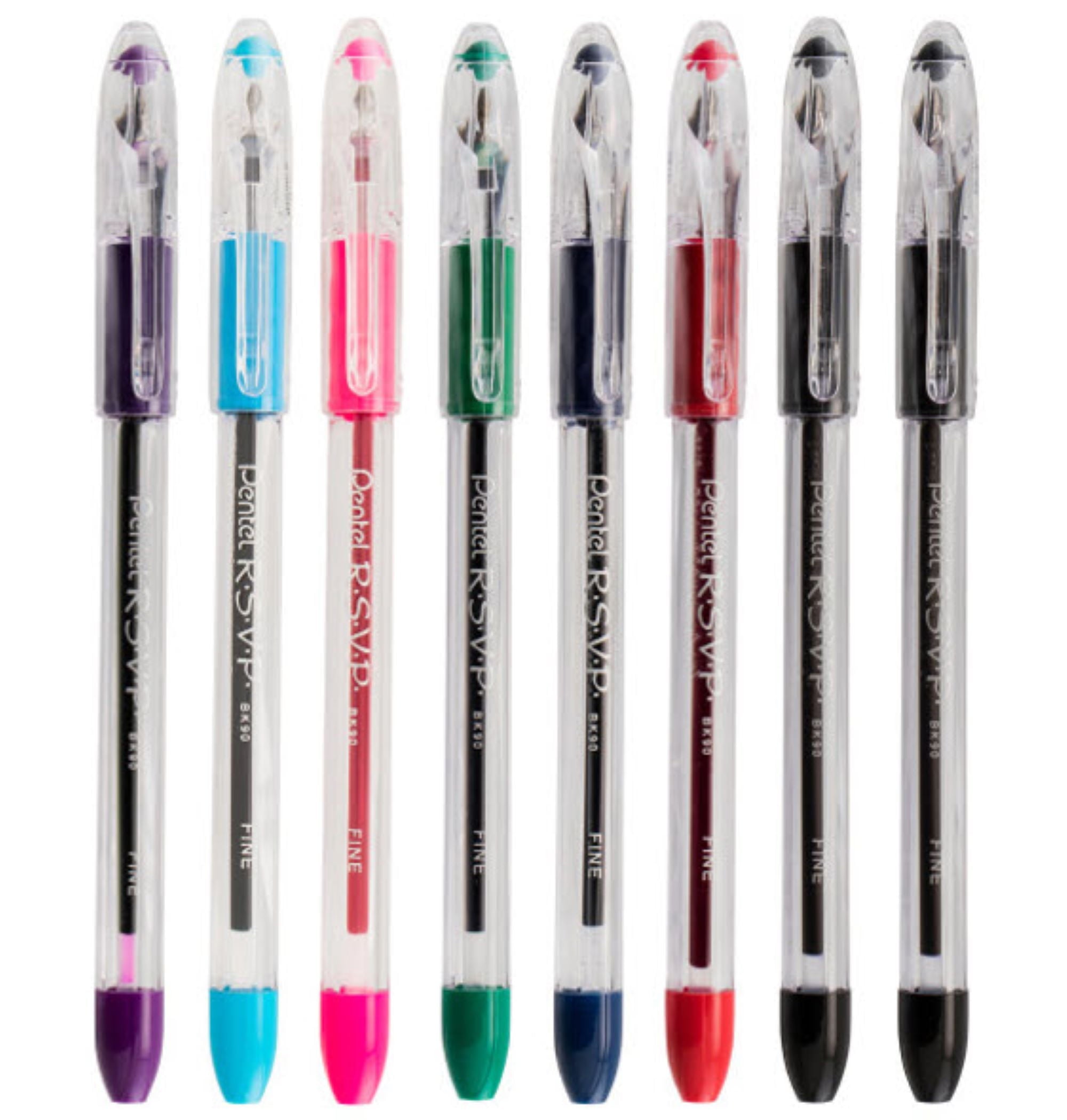 Pentel RSVP Original Ballpoint Pen, (0.7mm) Fine Line, Assorted Ink Colors, Clear Barrel, 8 Pack with Bonus Black Ink Pen