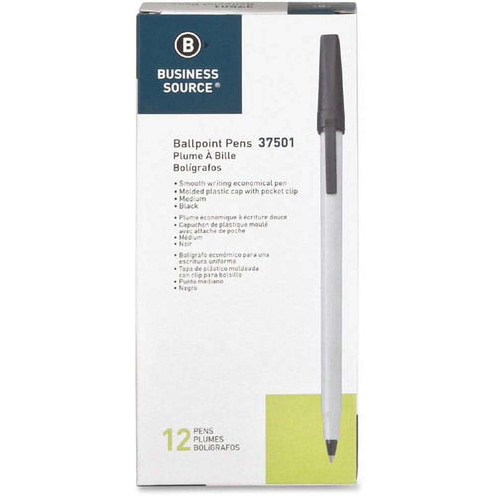 Business Source Medium Point Ballpoint Stick Pens Medium Pen Point - Black - Light Gray Barrel - Stainless Steel Tip - 12 / Dozen