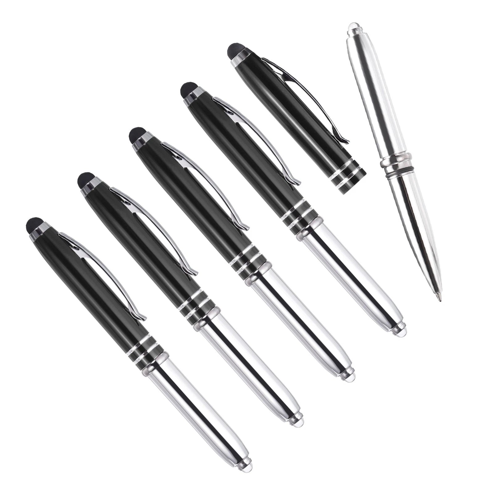 5 Pcs Ballpoint Pen With Stylus Tip And Led Flashlight 3 In 1 Black Ink Black