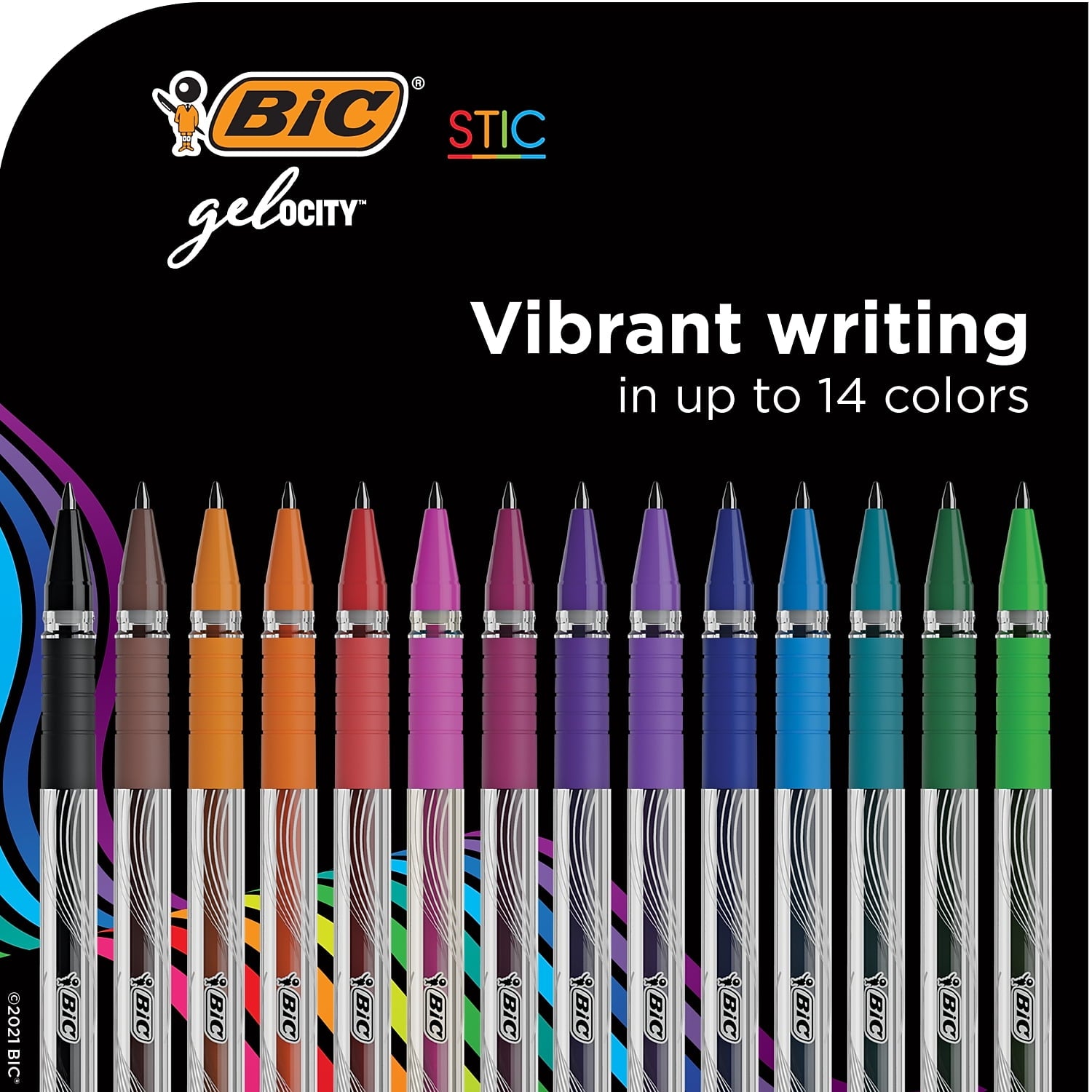 BIC Gel-ocity Stic Gel Pens, Medium Point, 0.7 mm, Clear Barrel, Assorted Ink, Pack of 14 Pens