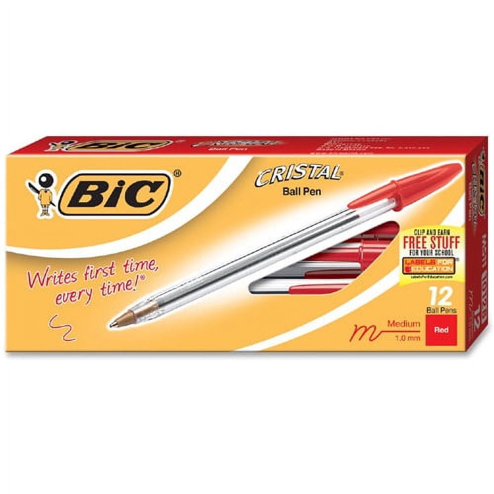 BIC Classic Cristal Ballpoint Pens Medium Pen Point - Conical Pen Point Style - Red - Clear Barrel - Metal Tip - 12 / Dozen
