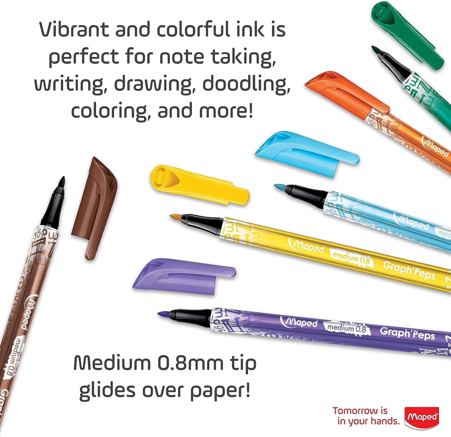 Maped Graph'Peps Medium Tip Triangular Felt Pens in Reusable Case - 12 Colors, Multi-Color