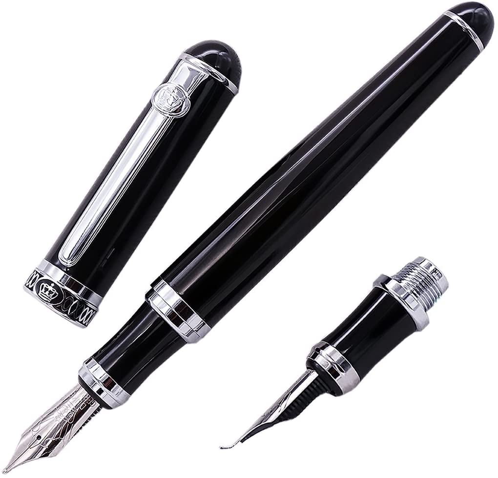 Duke Black Fountain Pen Double-Nibs Iridium Medium and Fude Calligraphy Nib Interchangeable Writing Gift Box Set for Office/Business/Art/Painting
