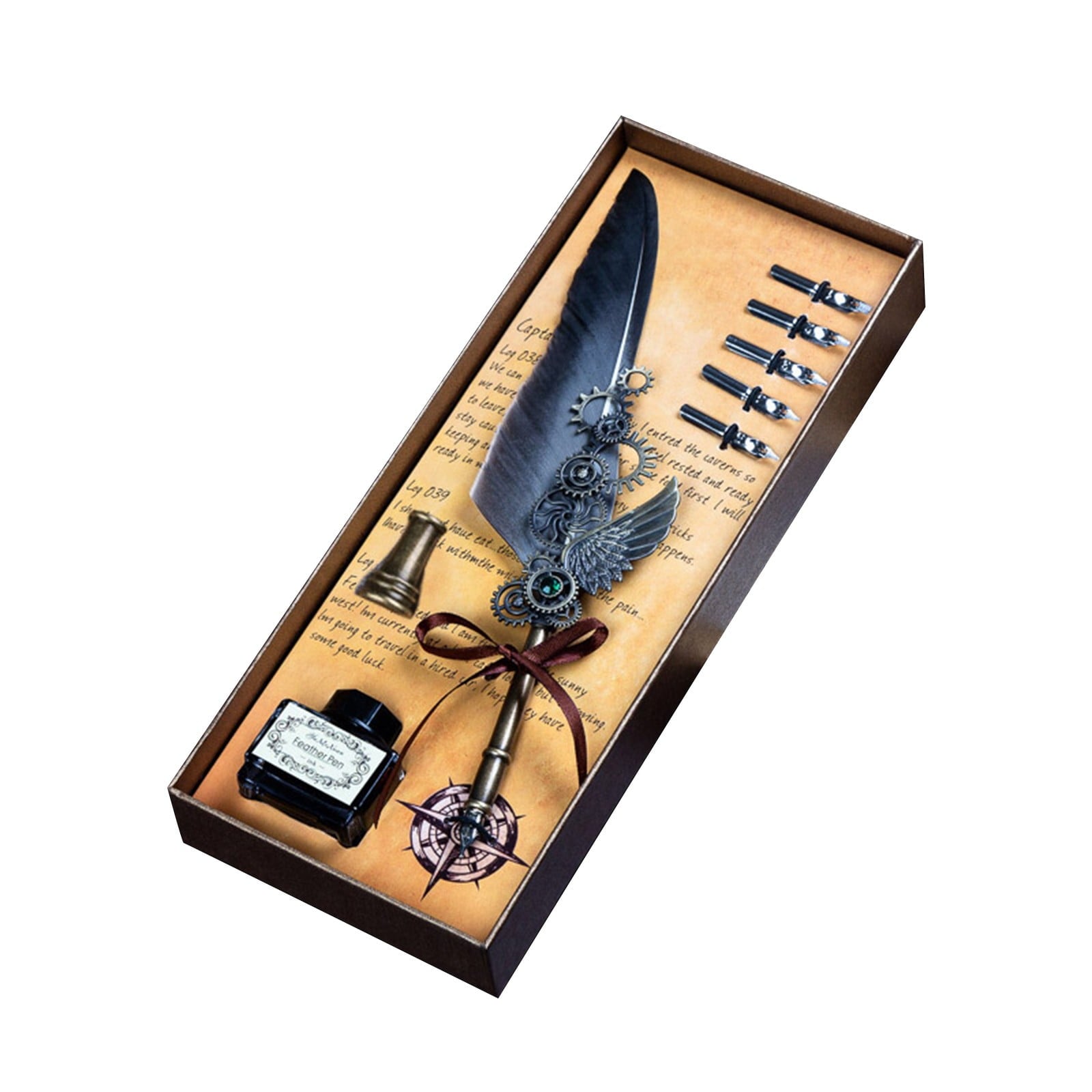 BGZLEU Steampunk Feather Pen and Ink Set with Gift Box, Vintage Quill Pen for Writing, Calligraphy Pen Set for Office Supplies, Birthday, Wedding, Christmas Gift,Magical World Feather Pen