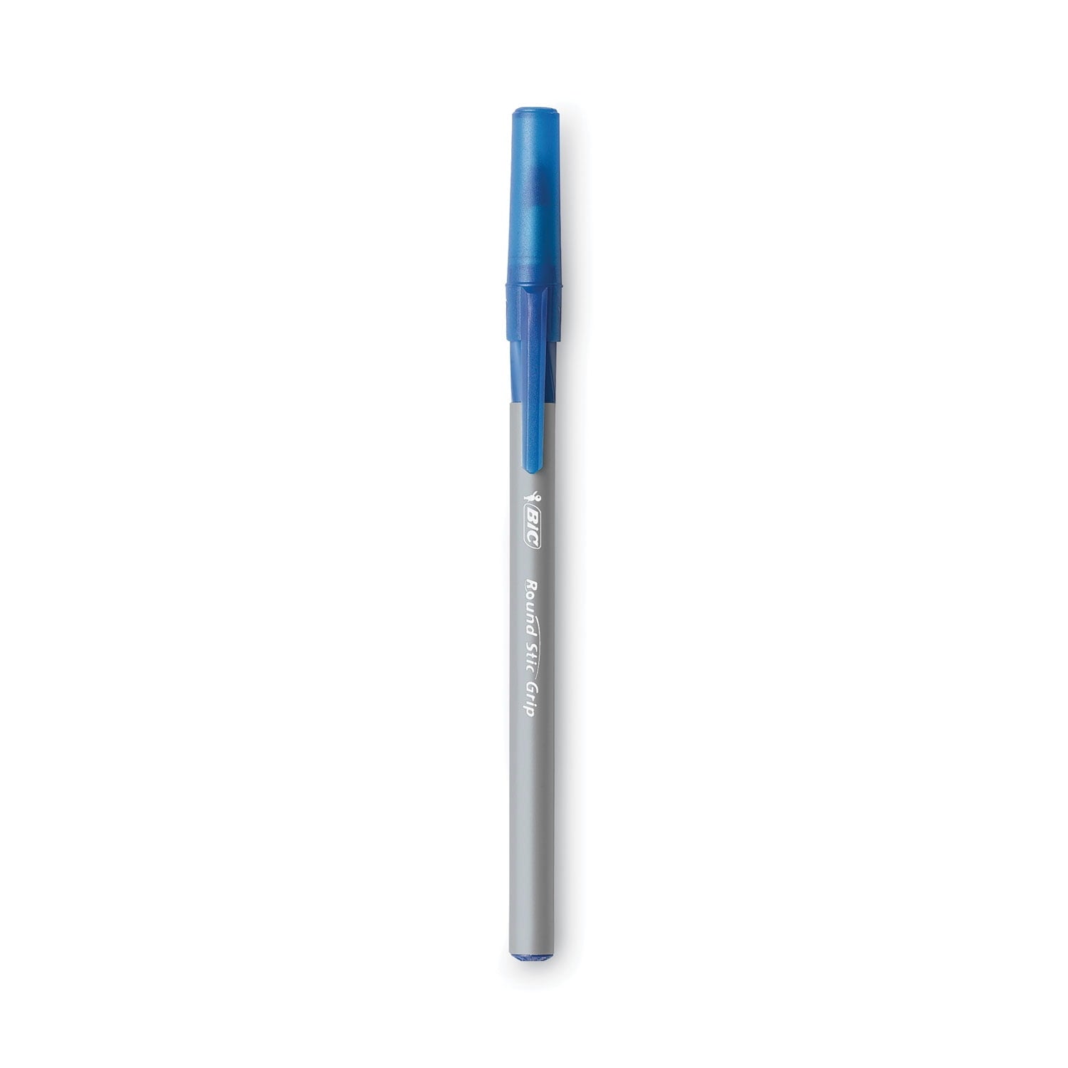 BIC Round Stic Grip Xtra Comfort Ballpoint Pen, Stick, Fine 0.8 mm, Blue Ink, Gray/Blue Barrel, Dozen