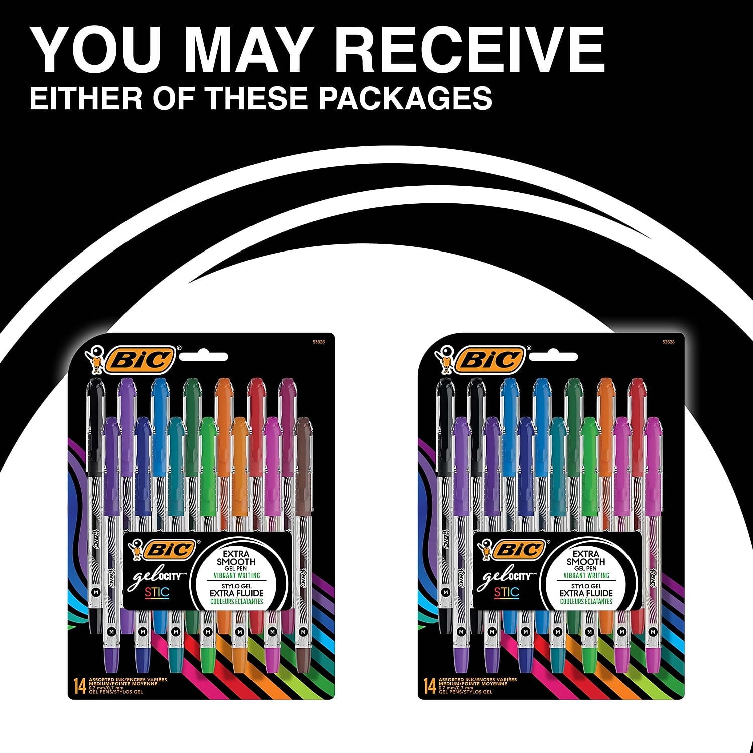 BIC Gel-ocity Stic Gel Pens, Medium Point, 0.7 mm, Clear Barrel, Assorted Ink, Pack of 14 Pens