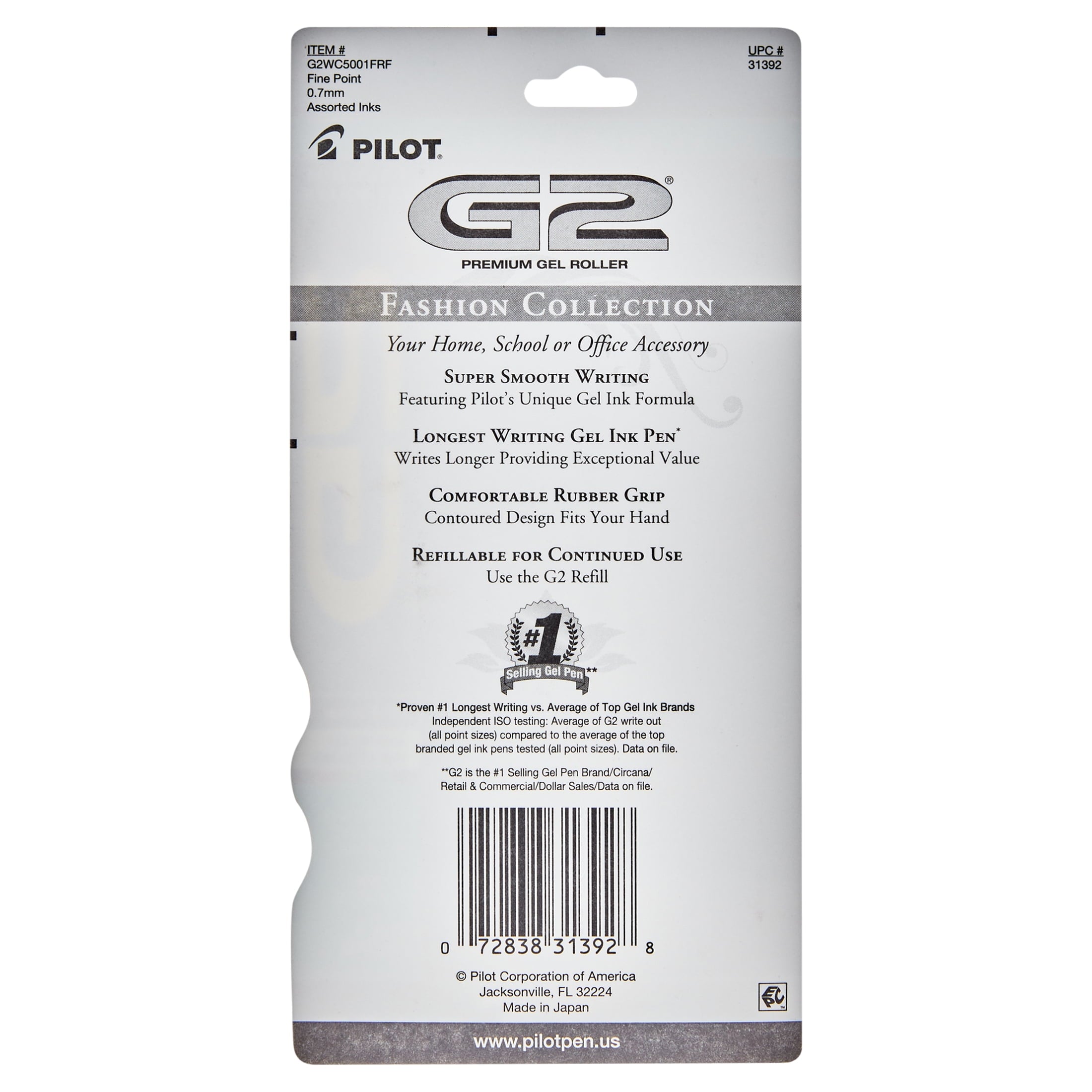 Pilot G2 Retractable White Barrel Fashion Collection Gel  Ink Pens, Fine Point, 0.7mm, Assorted Ink Colors, 5 Count