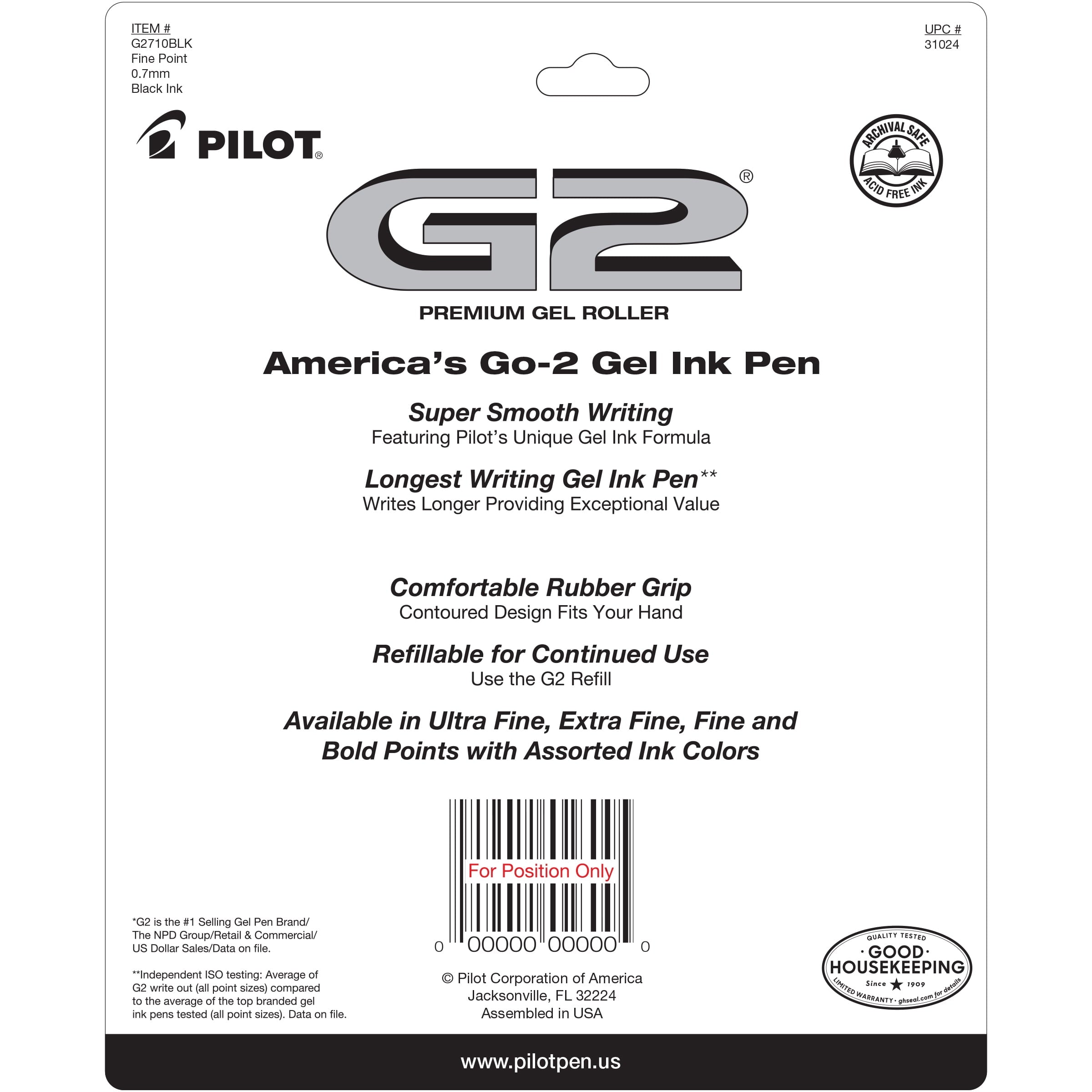 Pilot G2 Retractable Gel Ink Pens, Fine Point, 0.7 mm, Black Ink, 10 Pack