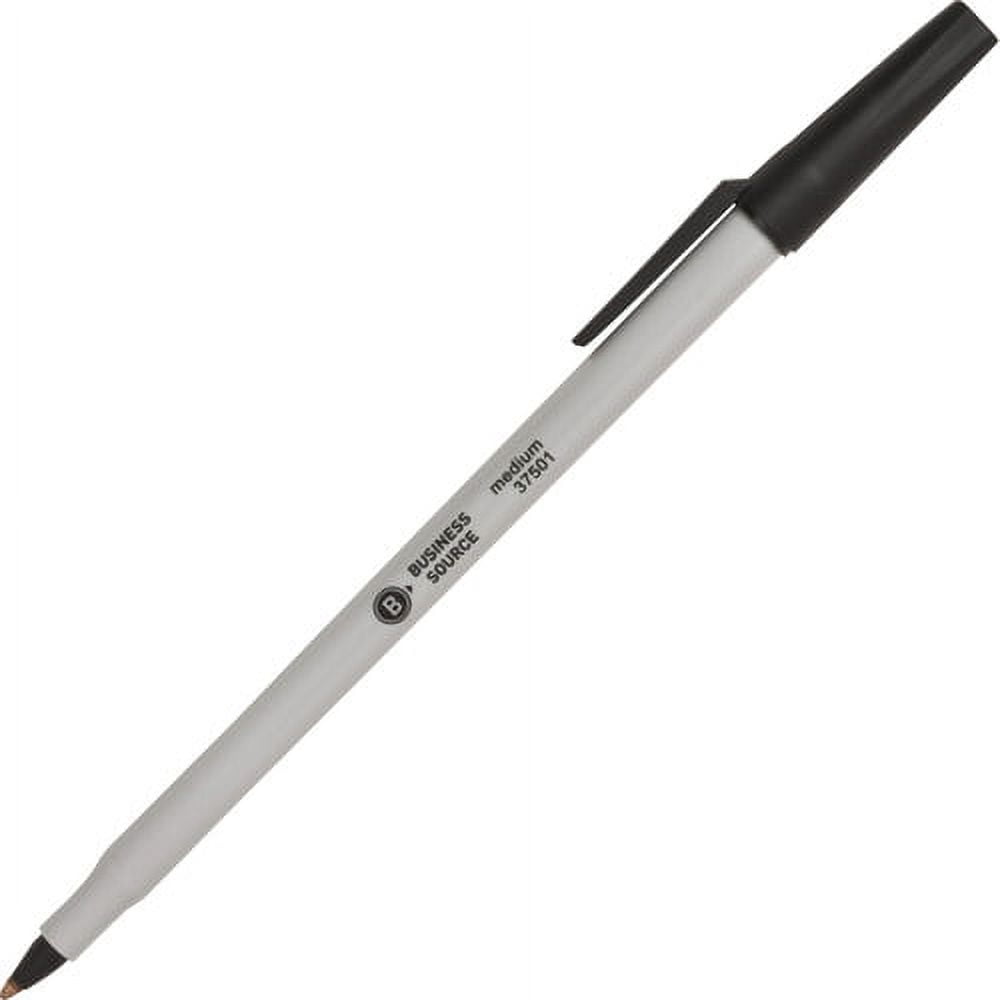 Business Source Medium Point Ballpoint Stick Pens Medium Pen Point - Black - Light Gray Barrel - Stainless Steel Tip - 12 / Dozen