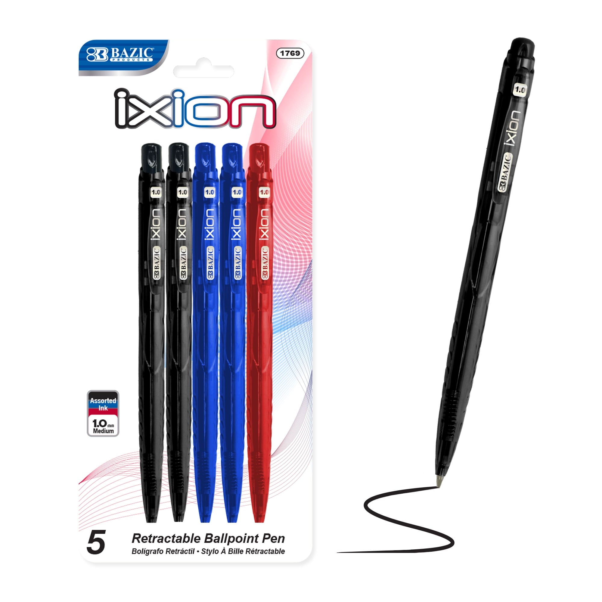 BAZIC Ixion Black Color Retractable Ballpoint Pens, 1.0mm (5/Pack), 1-Pack