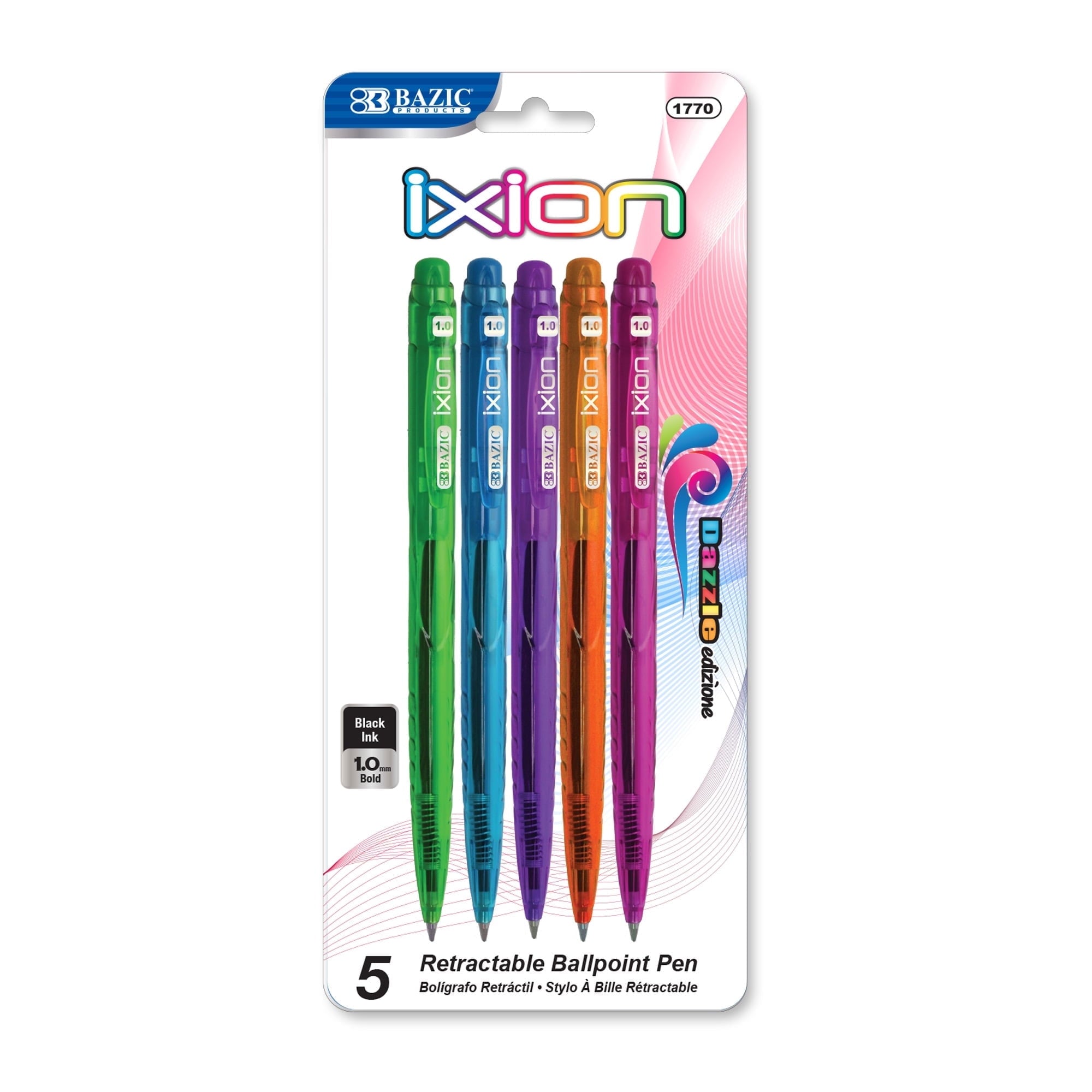 BAZIC Ixion Black Color Retractable Ballpoint Pens, 1.0mm (5/Pack), 1-Pack