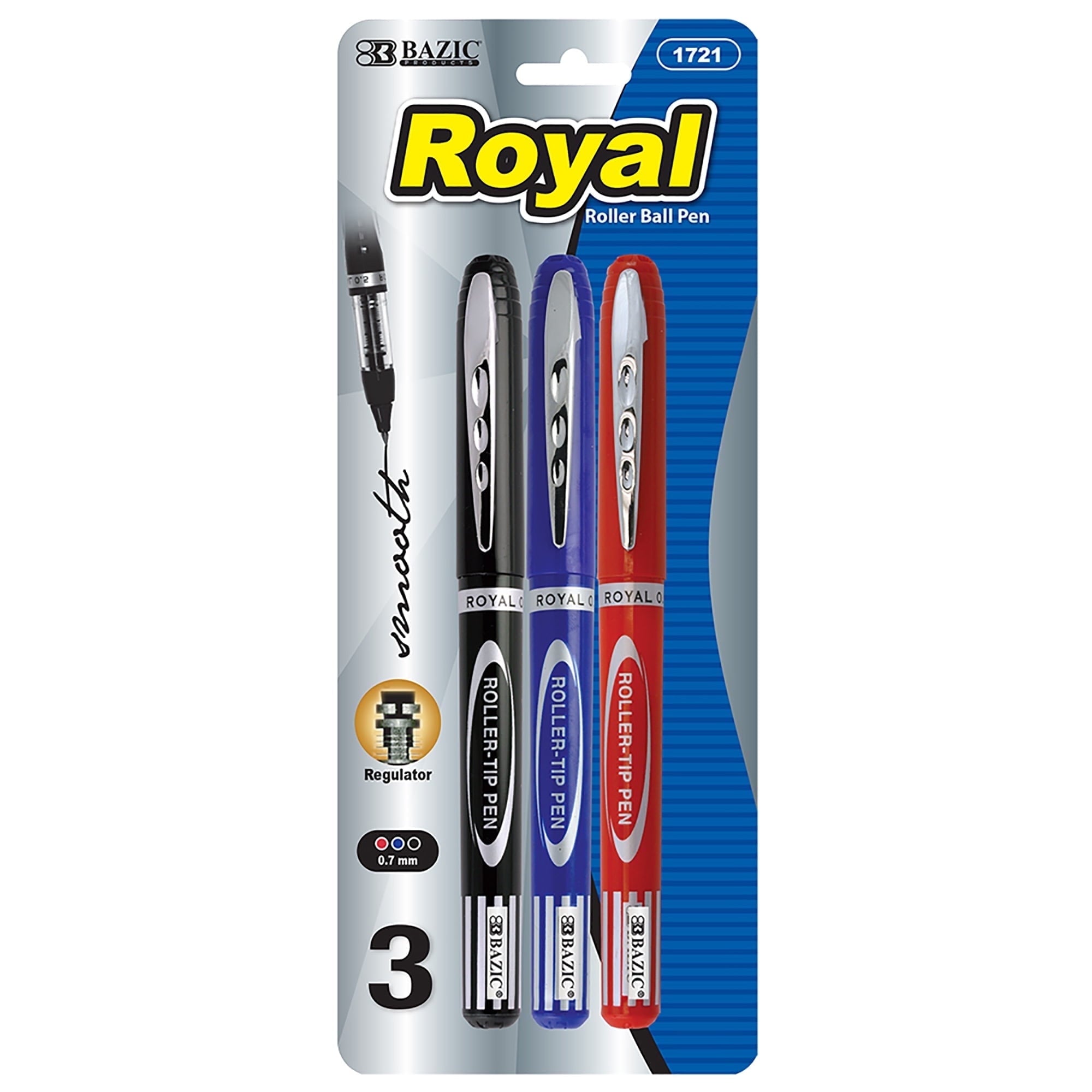 BAZIC Royal Assorted Color Rollerball Pen 0.7mm w/ Regulator, (3/Pack), 24-Pack