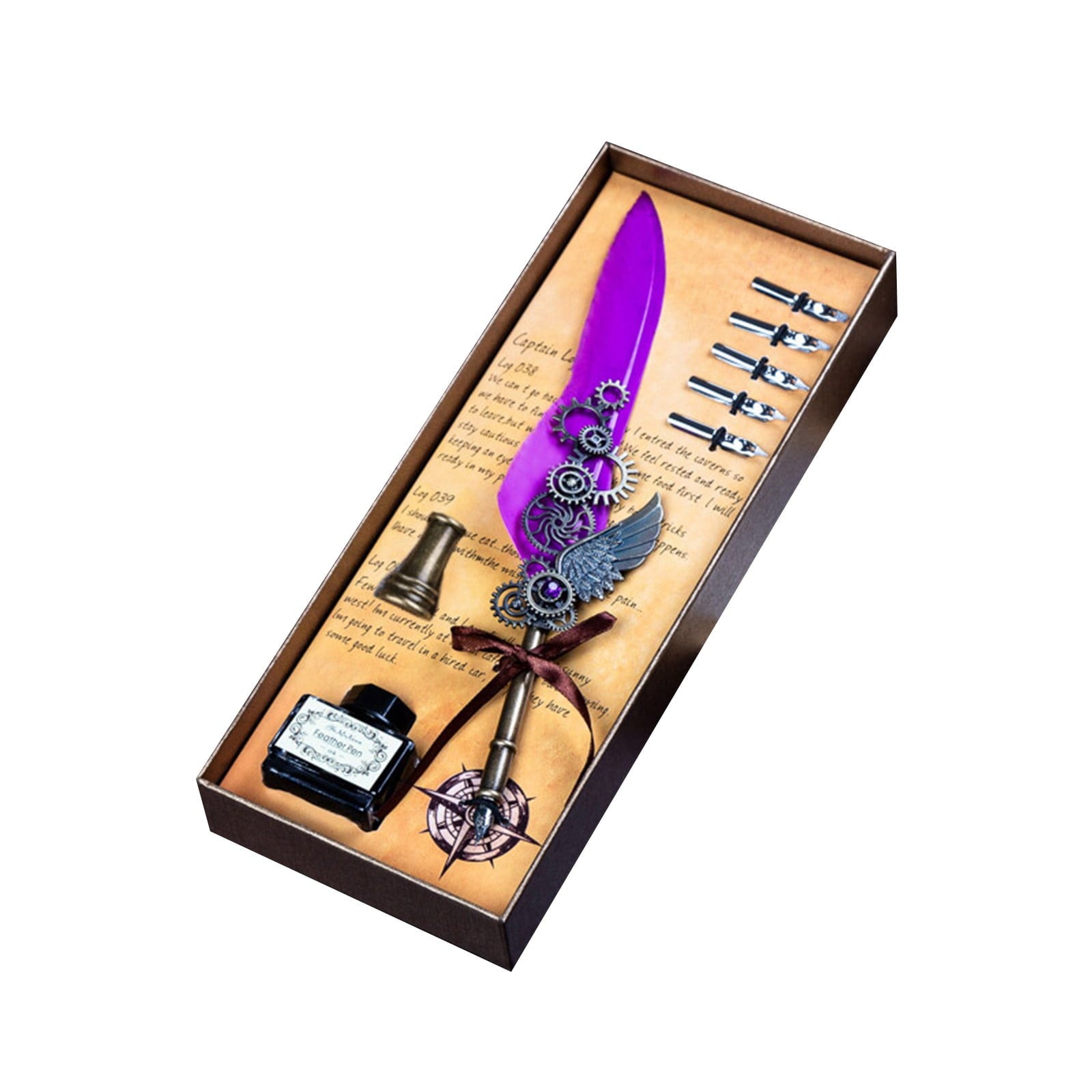 BGZLEU Steampunk Feather Pen and Ink Set with Gift Box, Vintage Quill Pen for Writing, Calligraphy Pen Set for Office Supplies, Birthday, Wedding, Christmas Gift,Magical World Feather Pen