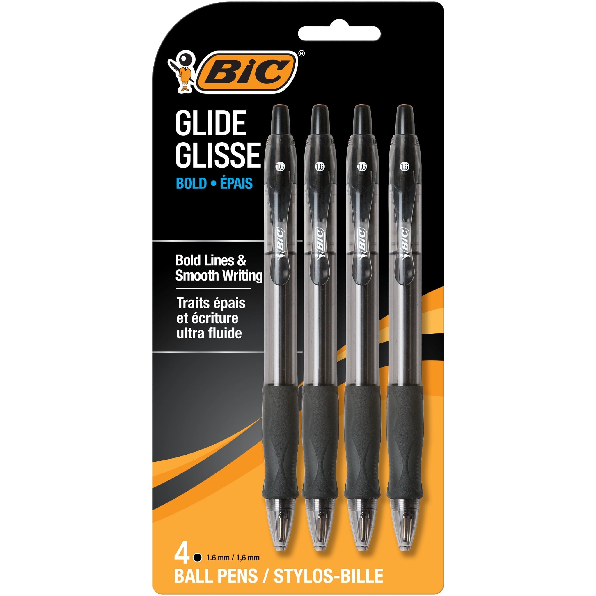 BIC Glide Retractable Ball Pens, Bold Point, 1.6mm, Black Ink, 4 Count