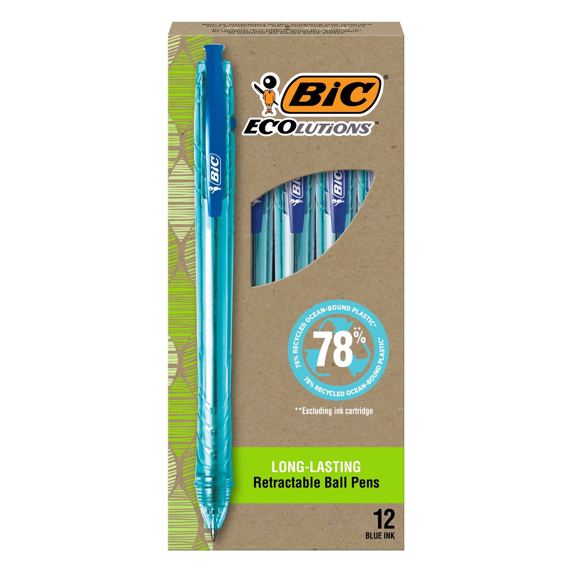 BIC Ecolutions Ocean-Bound Ball Pens, Medium Point (1.0mm), 12-Count, Blue Ink