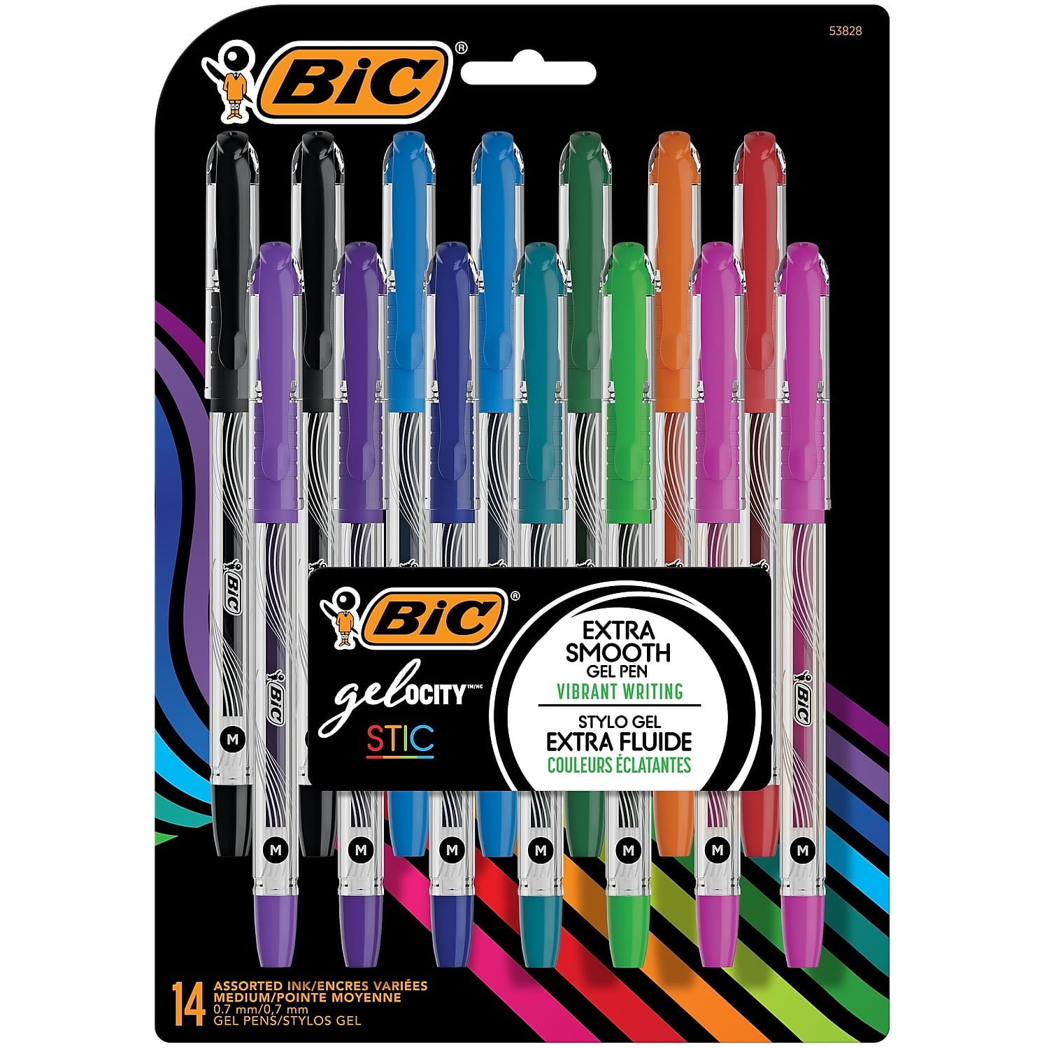 BIC Gel-ocity Stic Gel Pens, Medium Point, 0.7 mm, Clear Barrel, Assorted Ink, Pack of 14 Pens