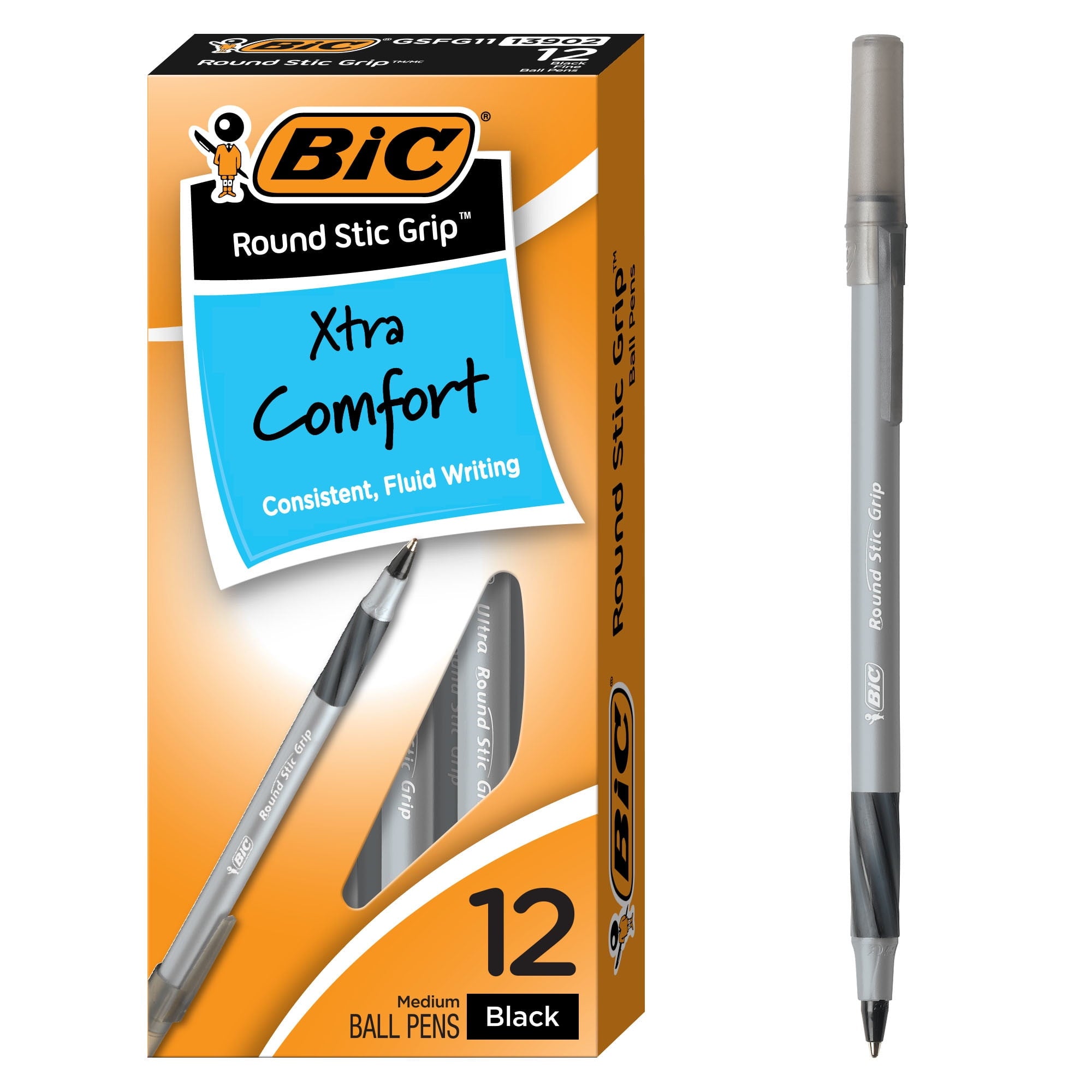 BIC Round Stic Grip Xtra Life Ball Pen, Medium Point (1.2mm), Black, 12-Count