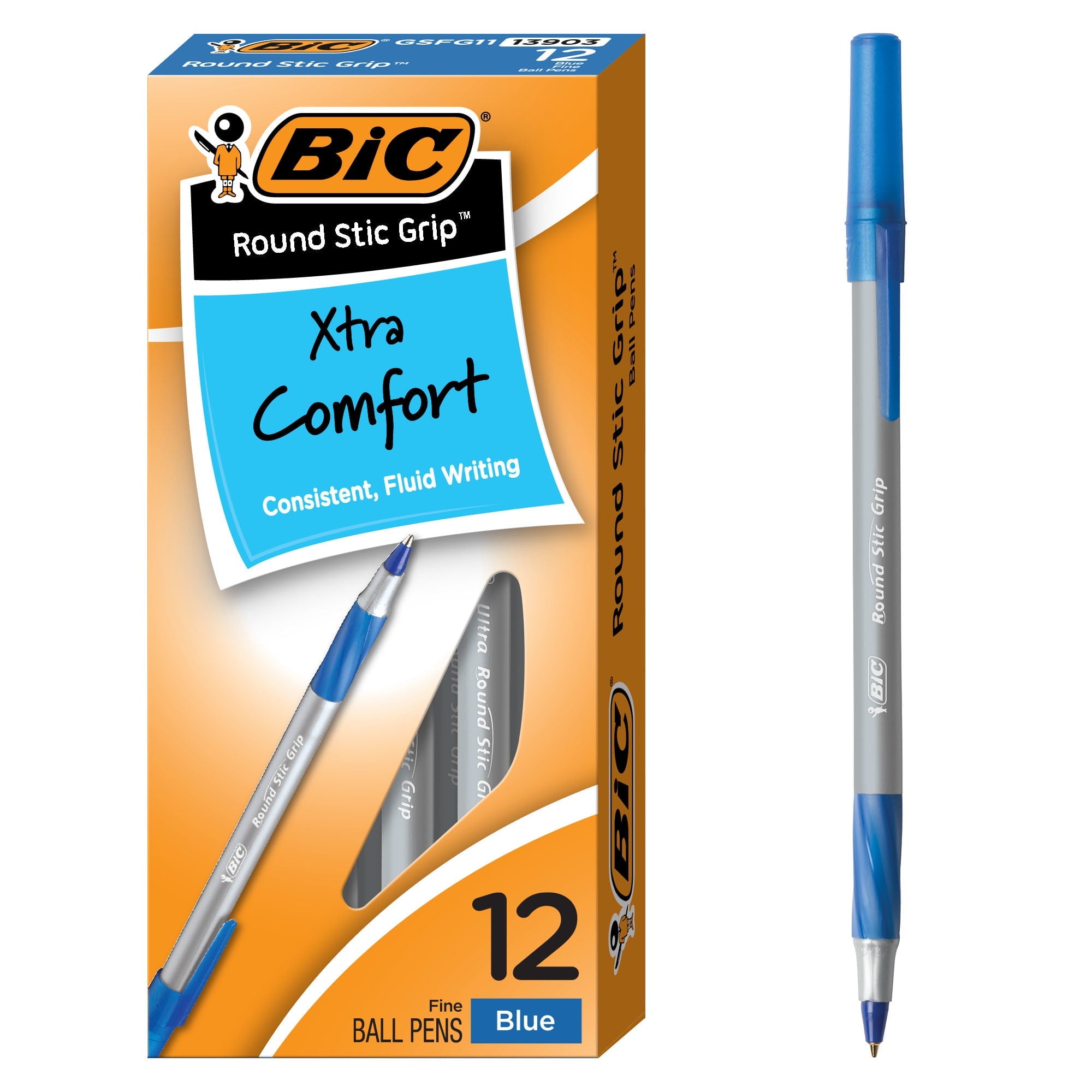 BIC Round Stic Grip Xtra Comfort Ballpoint Pen, Stick, Fine 0.8 mm, Blue Ink, Gray/Blue Barrel, Dozen