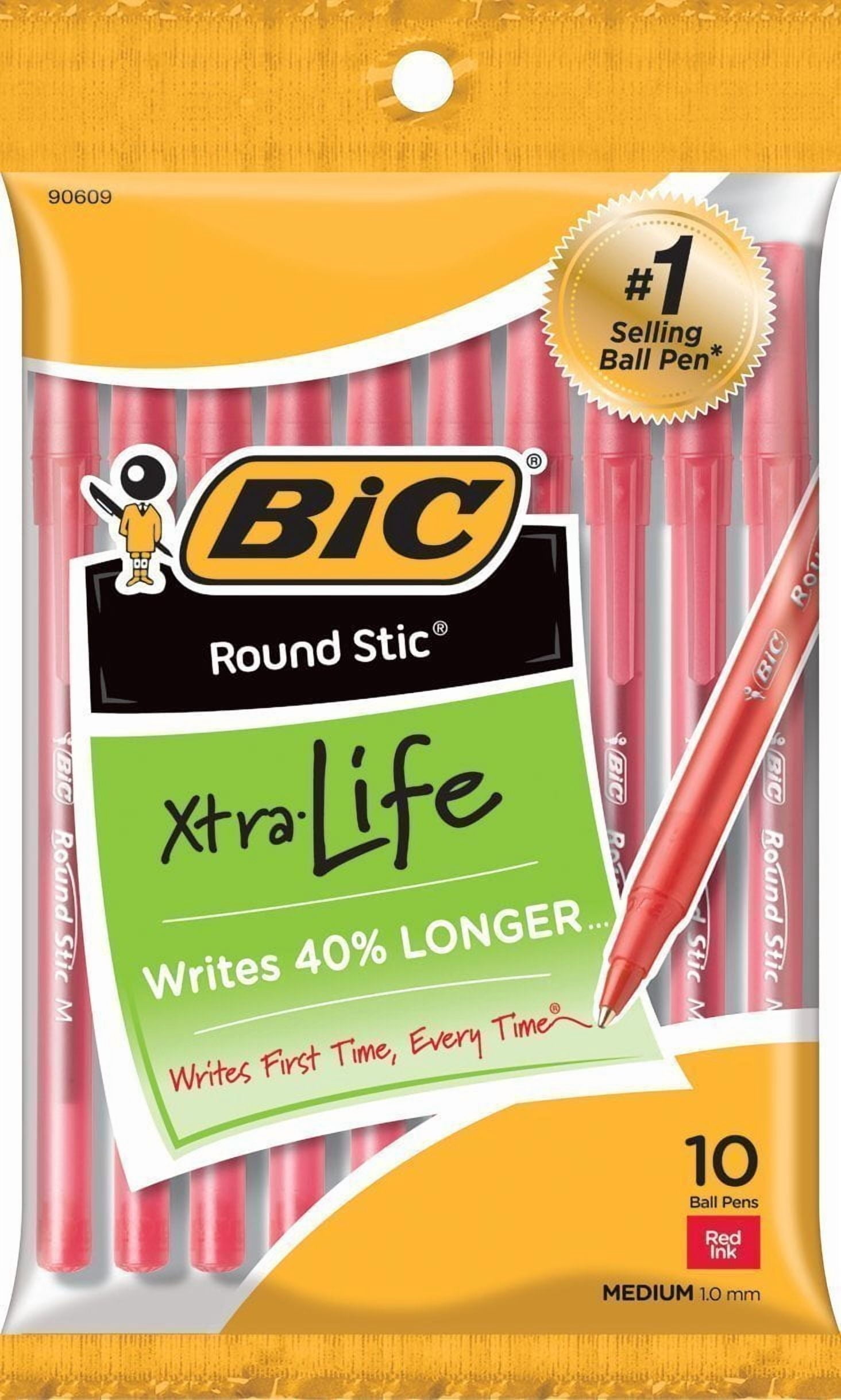 BIC Round Stic Xtra Life Ball Pen, Medium Point (1.0mm), Red, 10-Count 3-Pack
