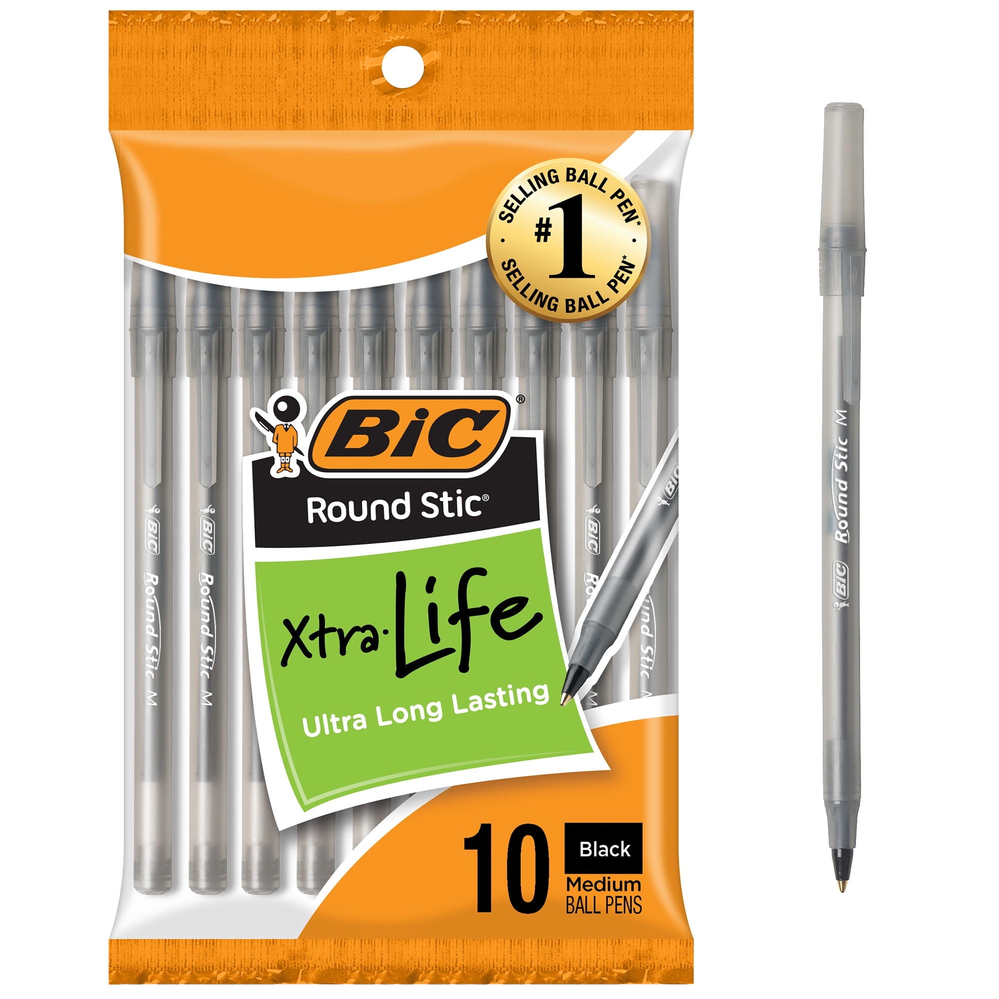Bic Round Stic Ballpoint Pen, Medium Point, 1.00 mm, Black Ink, 10 Count