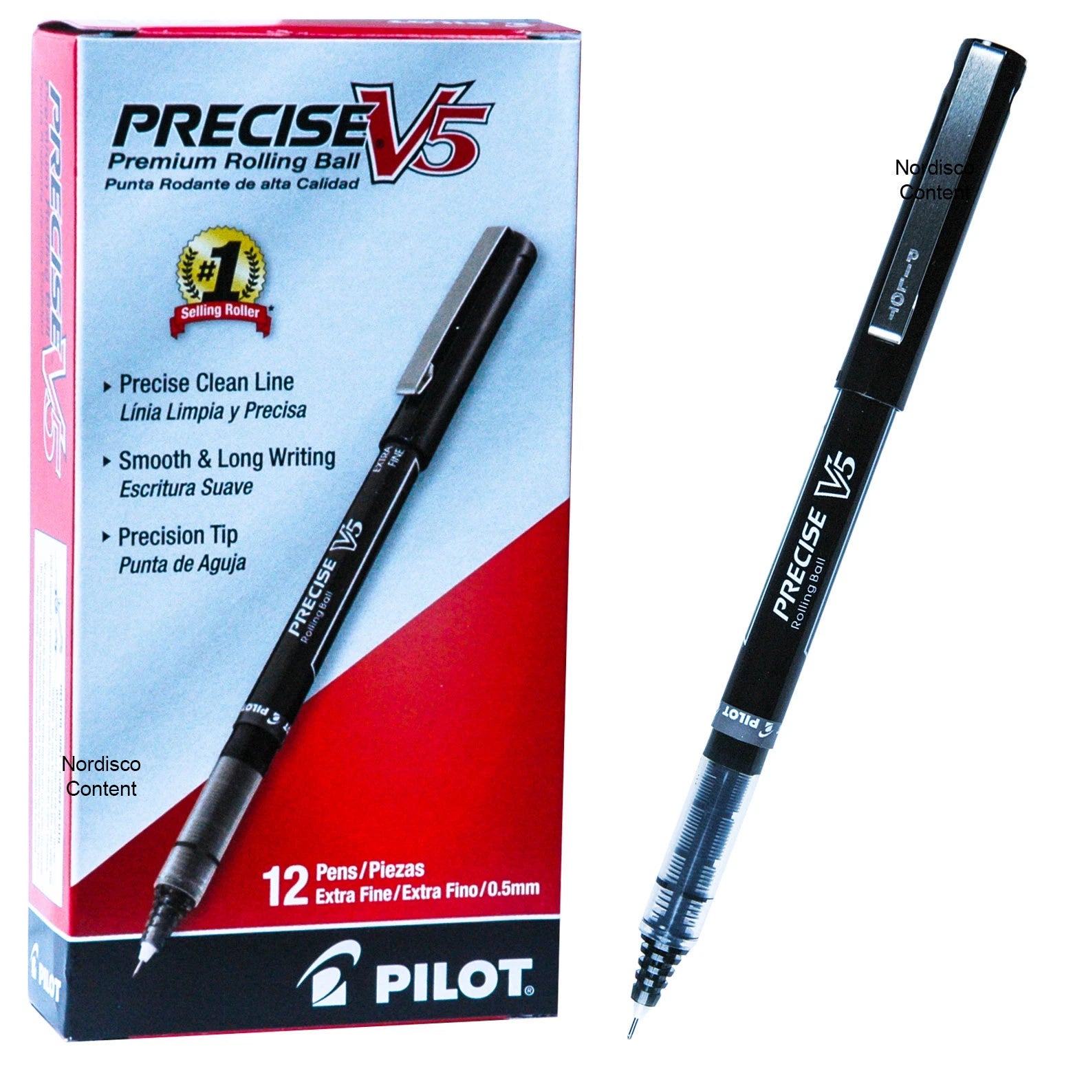 Fyna -Pilot Precise V5 35334 Black Ink 0.5Mm Extra Fine Rolling Ball Pen, Box Of 12