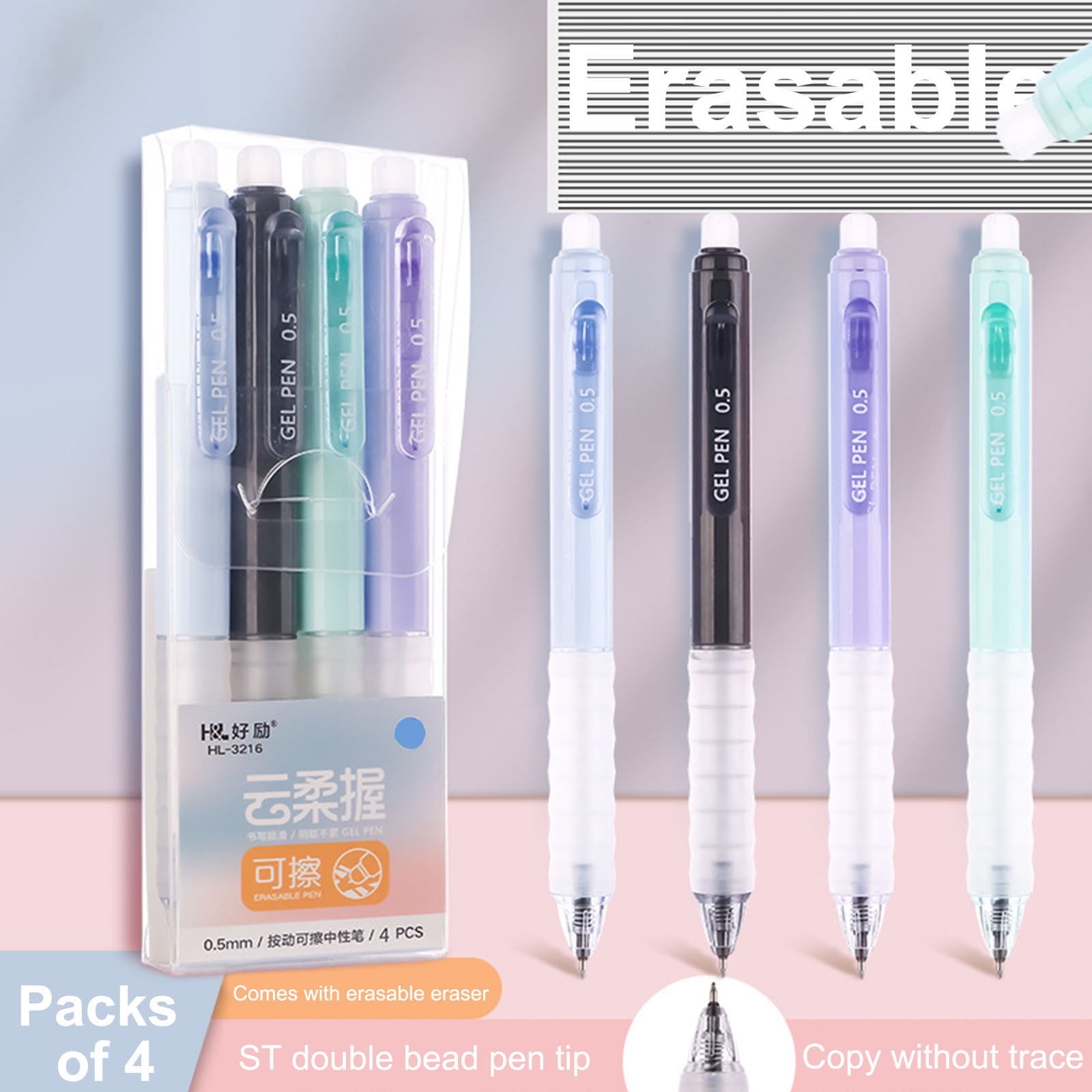 HongHeng Erasable Pens Blue Ink Gel Pen with Eraser Clear, 0.5mm Fine Point, Smooth Writing for Note Taking Marking Planner Crossword Puzzles (4PCS)