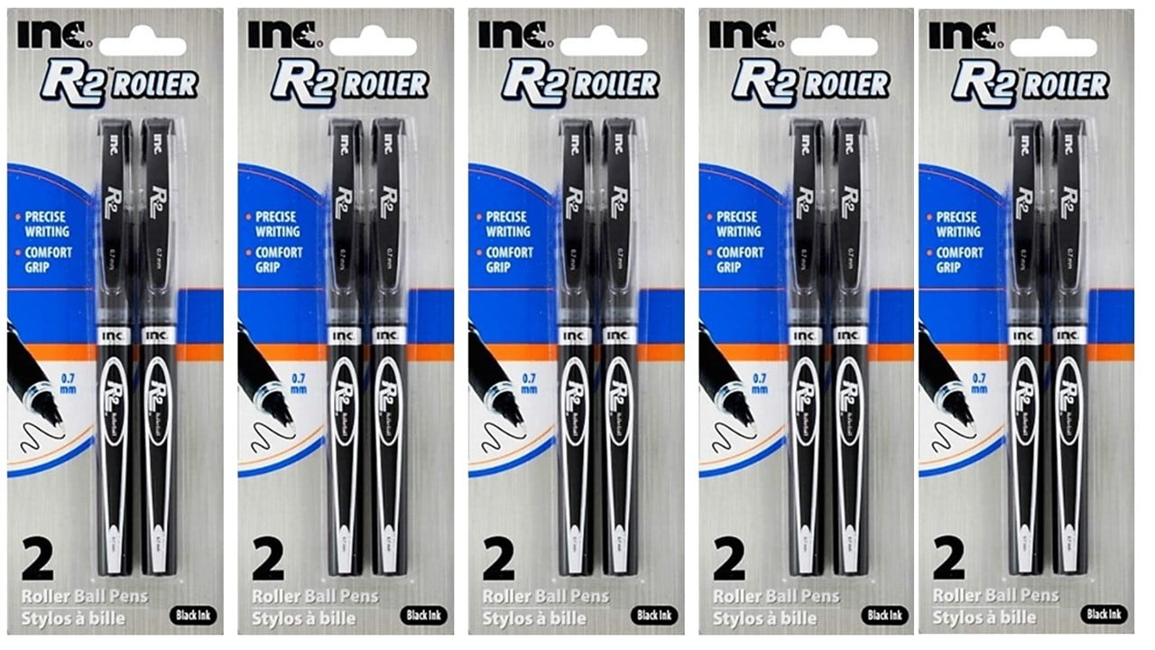 INC R-2 Roller Ball Pens, Black Ink, 5 Packs, 10 Pens