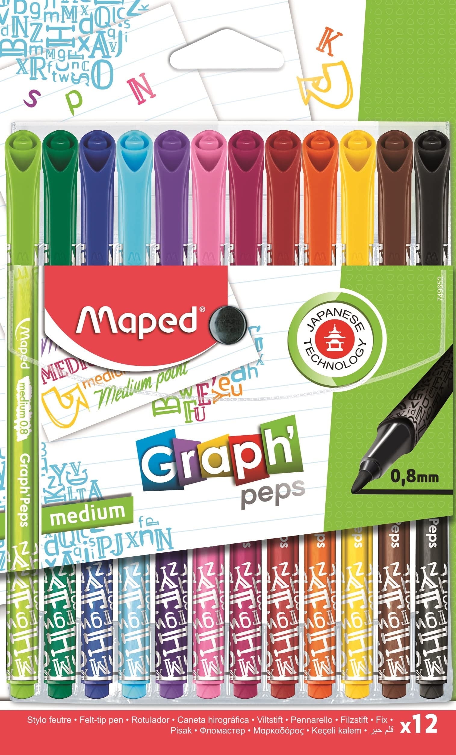 Maped Graph'Peps Medium Tip Triangular Felt Pens in Reusable Case - 12 Colors, Multi-Color