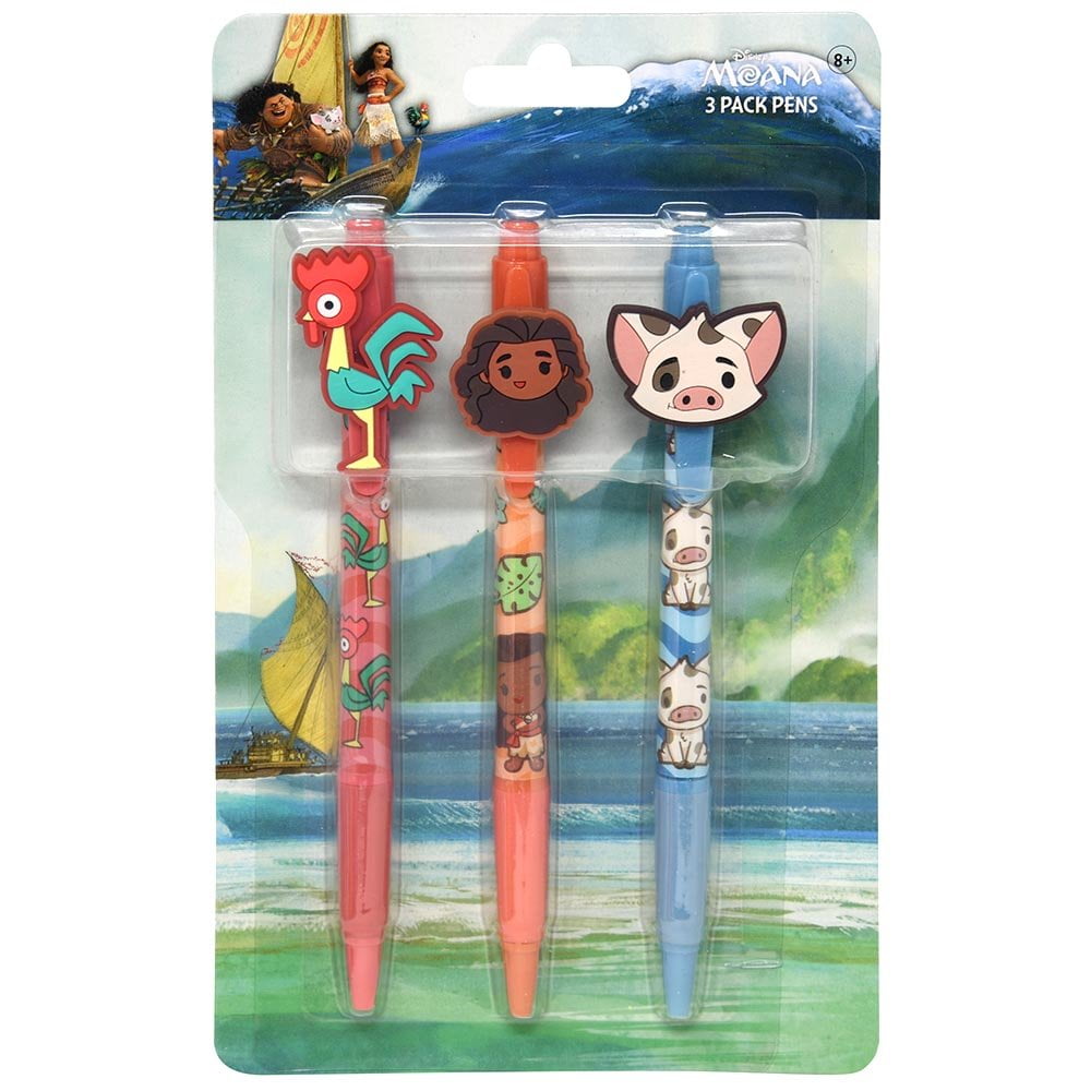 Moana 3pk Pens with Rubber Character Clip on Card