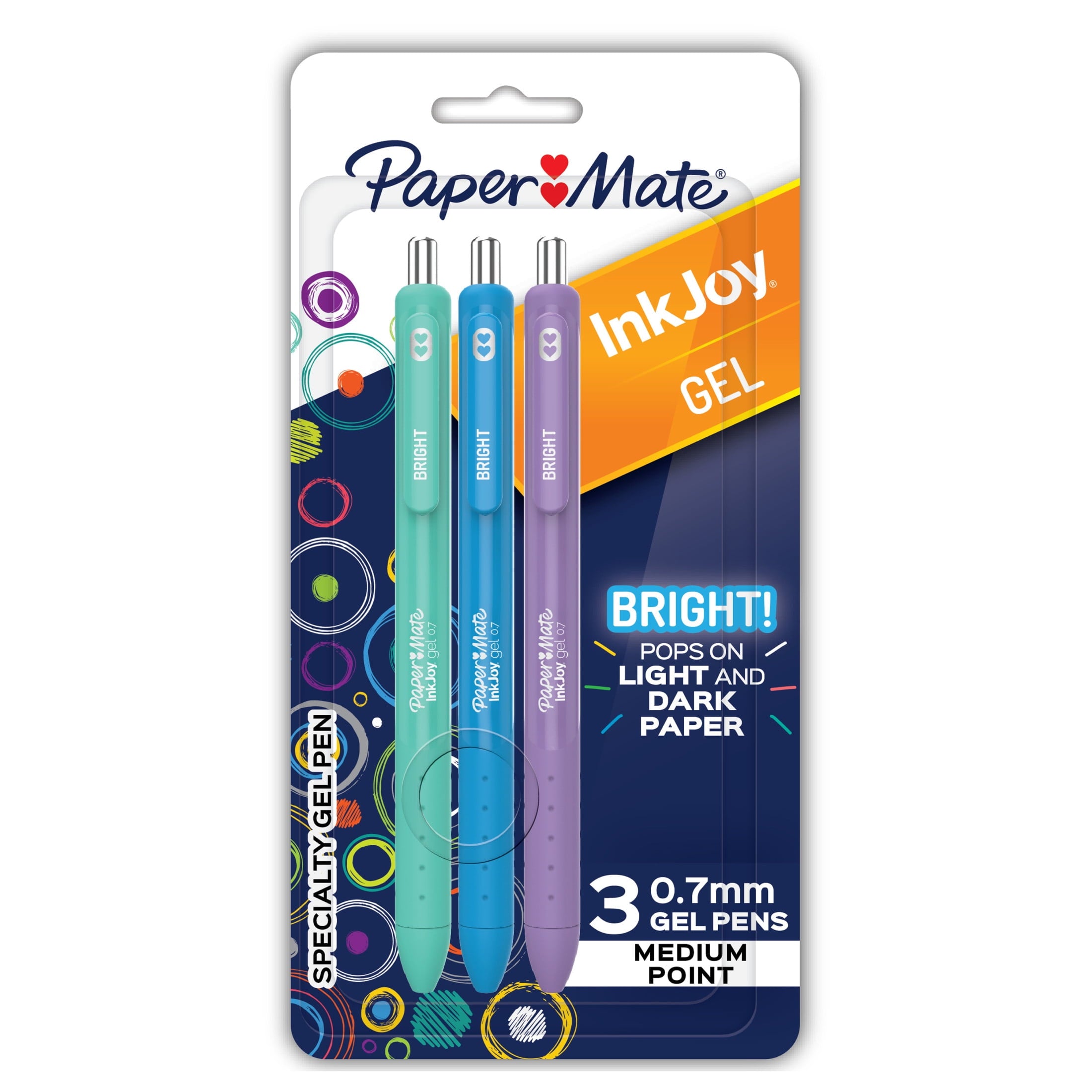 Paper Mate InkJoy Bright Pens, Gel Pens, Medium Point (0.7mm), Retractable, Assorted Brighter Ink, 3 Count