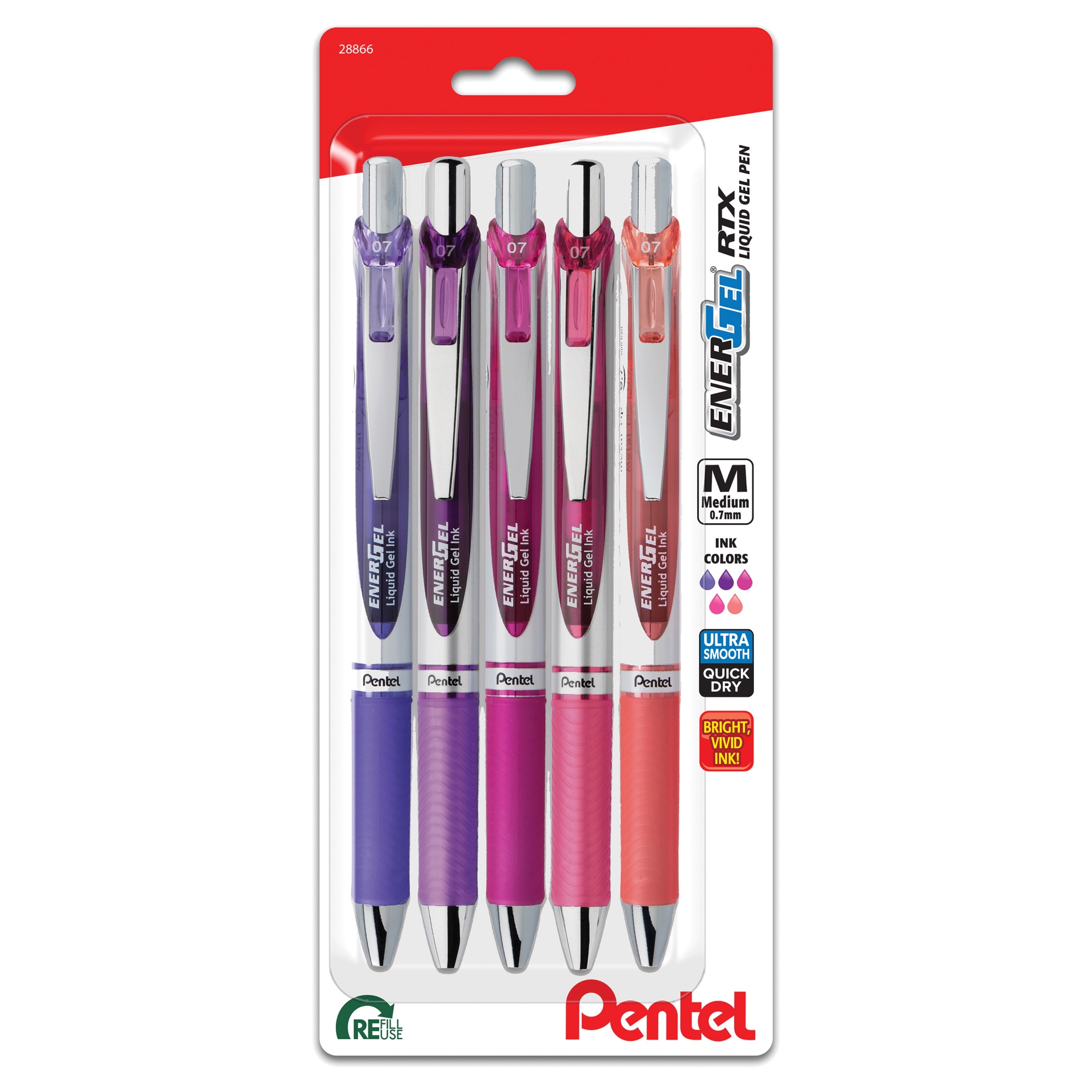 Pentel EnerGel RTX Gel Ink Pens, Medium Point, 0.7mm, Passion Hue Assorted Ink, Pack of 5 Pens