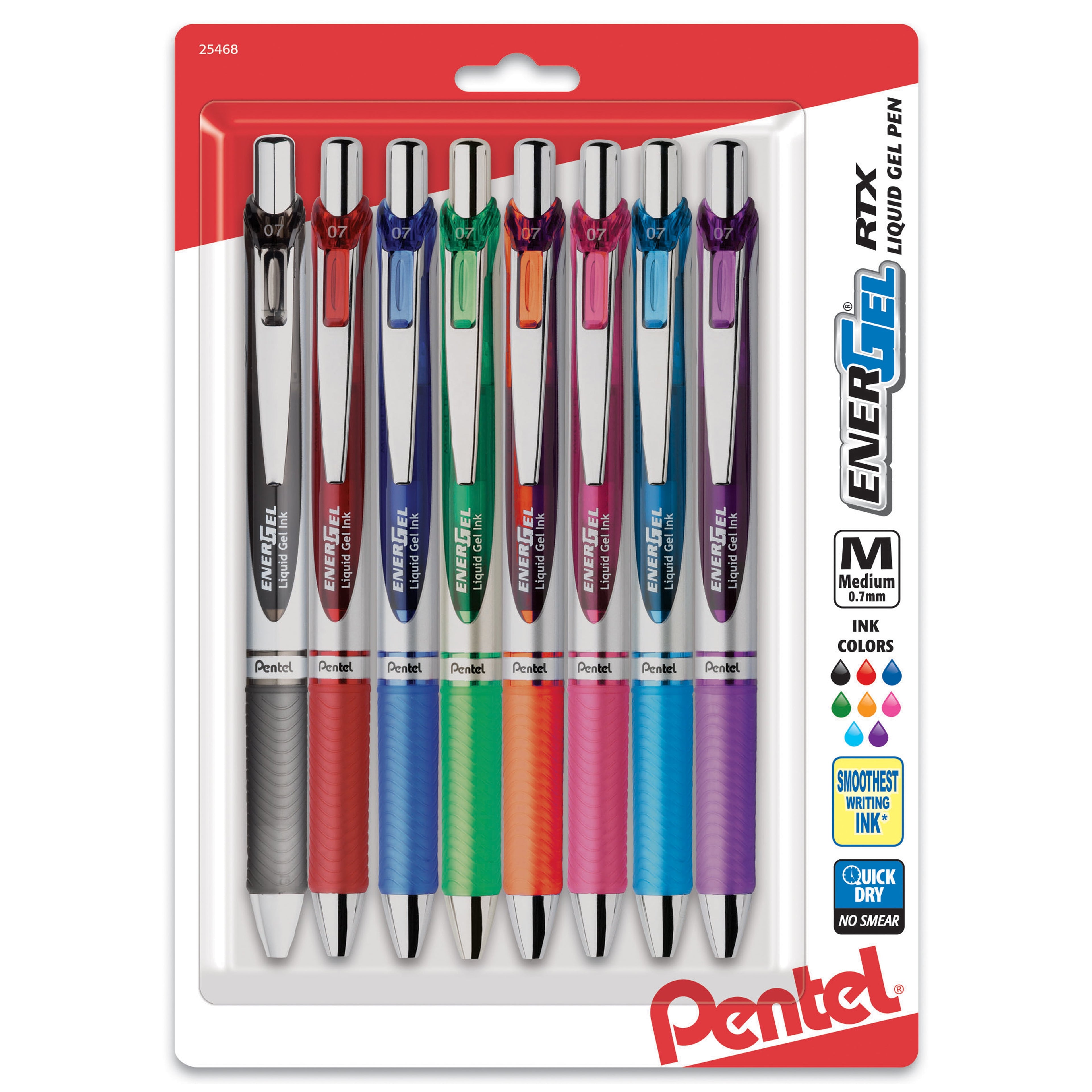 Pentel EnerGel RTX Retractable Liquid Gel Pen, Medium Line, Metal Tip, Assorted Ink, 8-Pack (BL77BP8M)