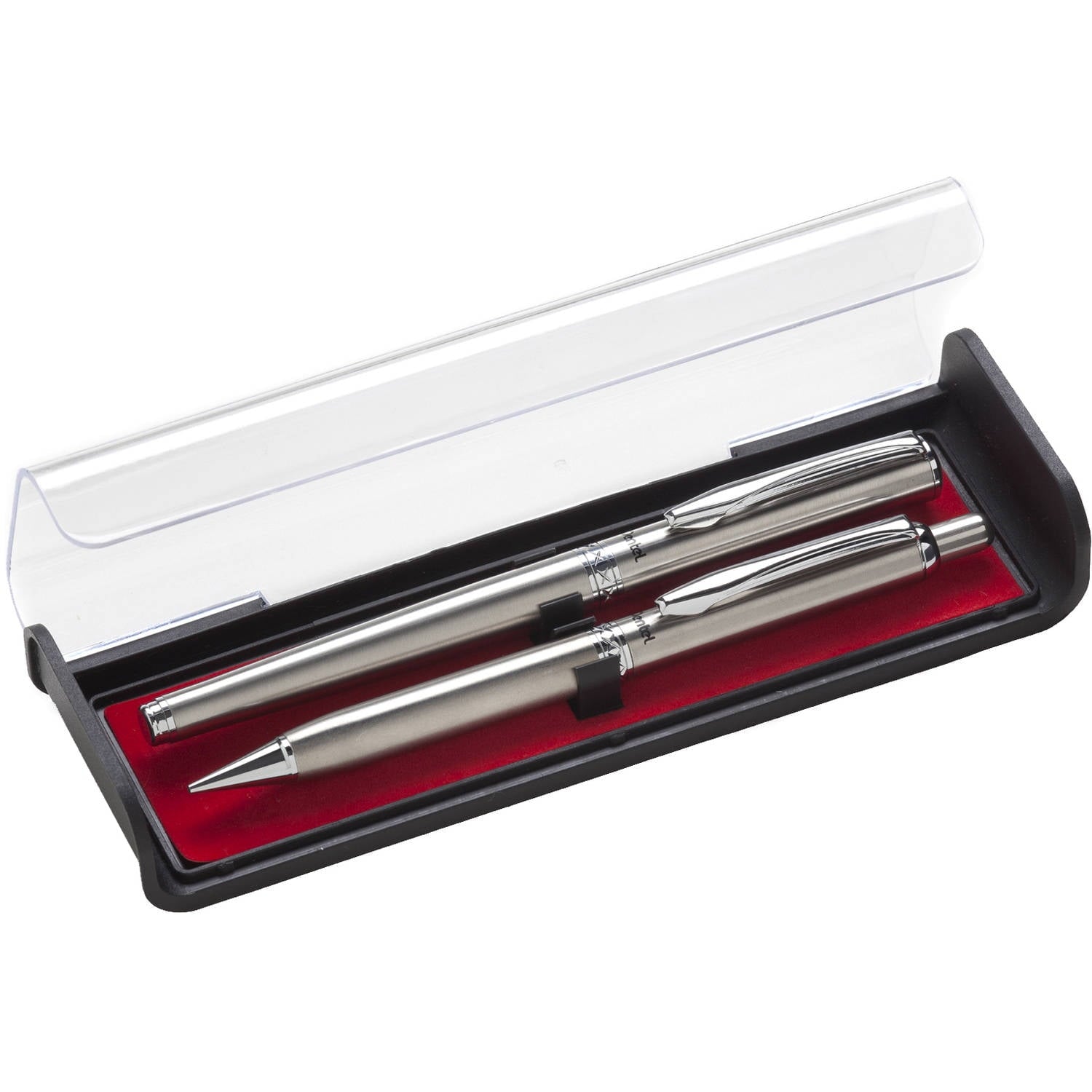Pentel Libretto Pen and Pencil Set w/Box, Silver Barrels, Black Ink