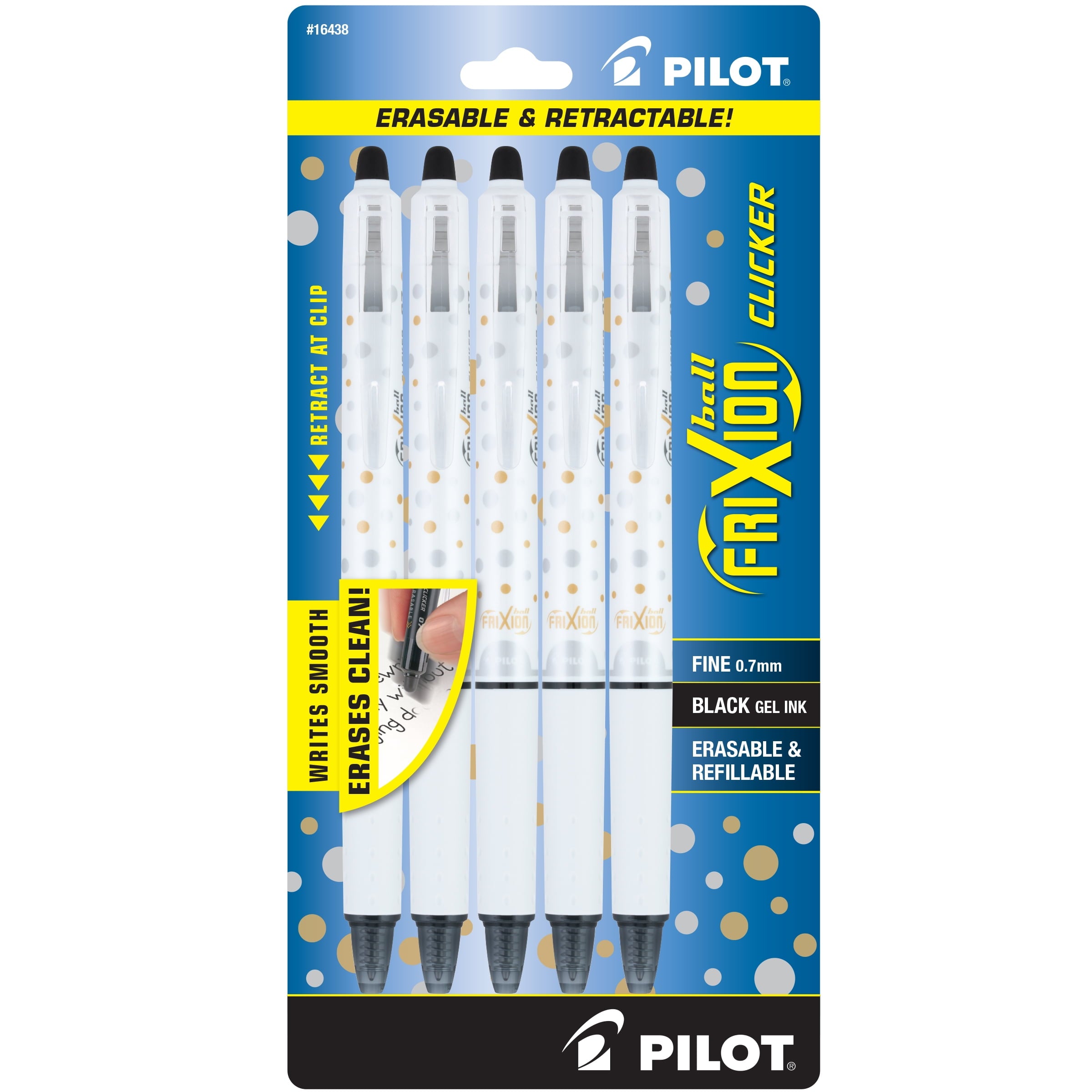 Pilot FriXion Clicker Dots Collection Erasable Gel Pens, Fine, Black Ink, 5 Count