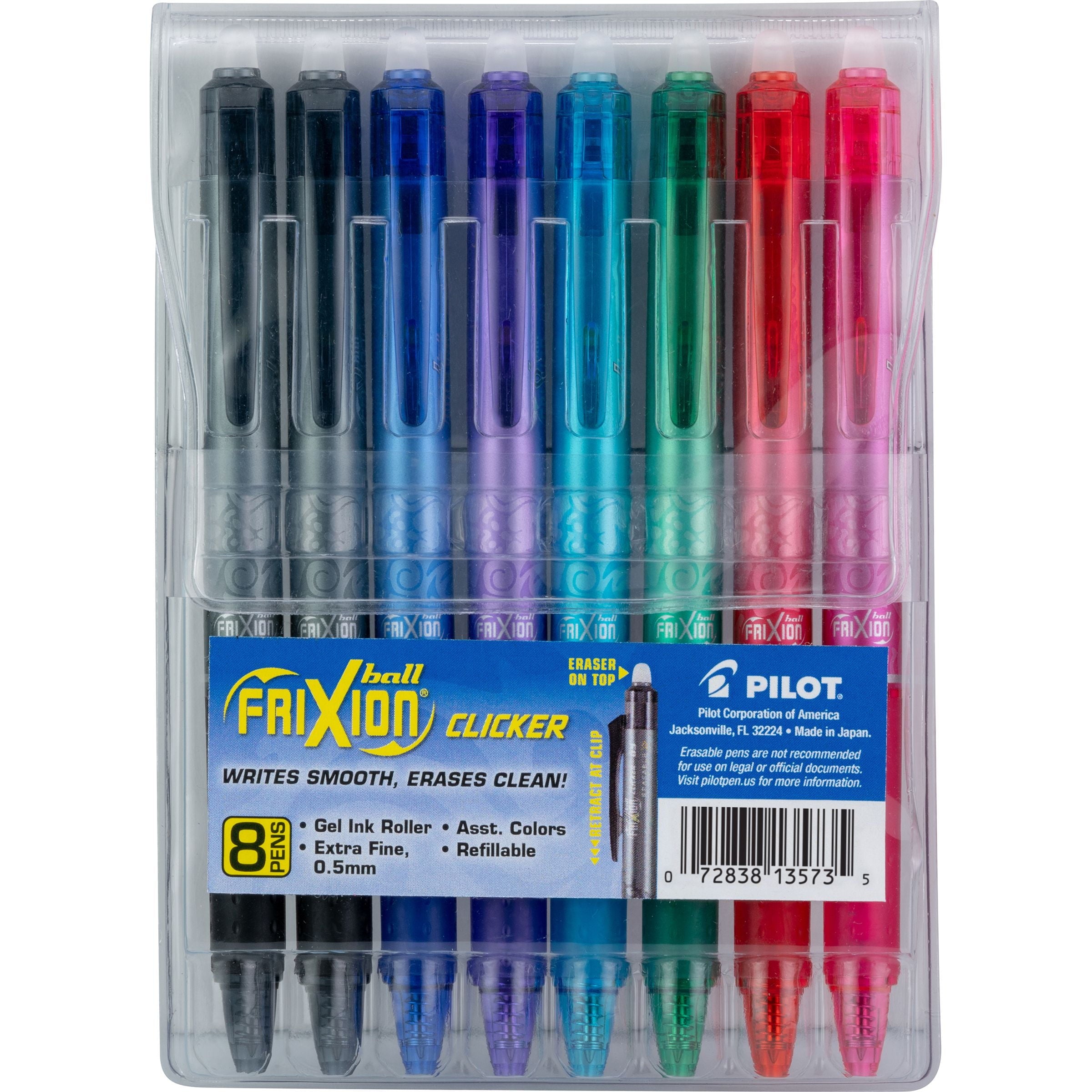 Pilot FriXion Clicker Erasable Gel Ink Pens, Extra Fine Point (0.5 mm), Assorted Ink, 8 Count