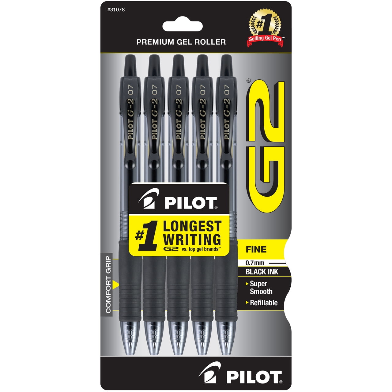 Pilot G2 Retractable Gel Ink Pens, Fine Point, 0.7mm. Black Ink, 5 Pack