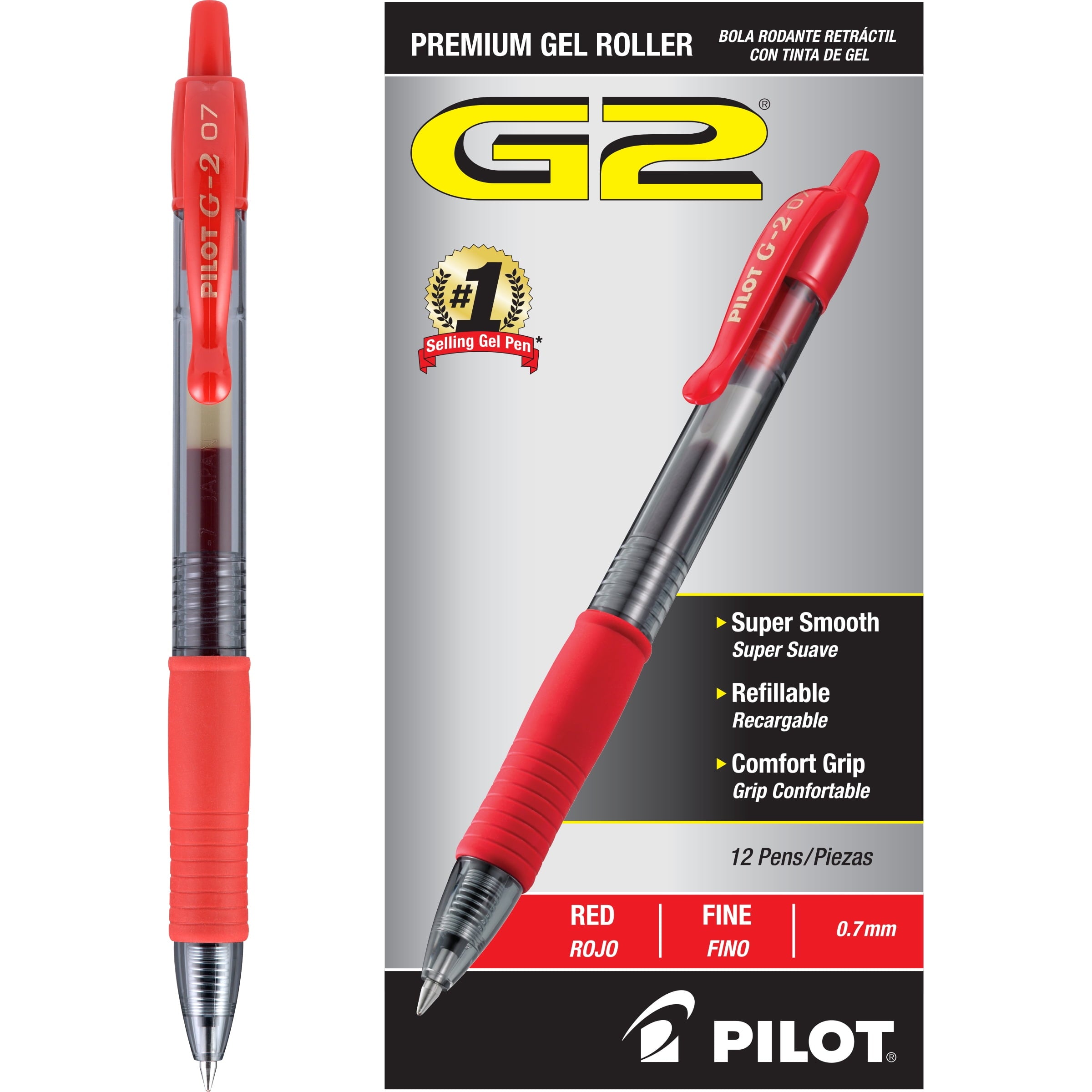 Pilot G2 Premium Retractable Gel Roller Pens, Fine Point, Red, 12 Count