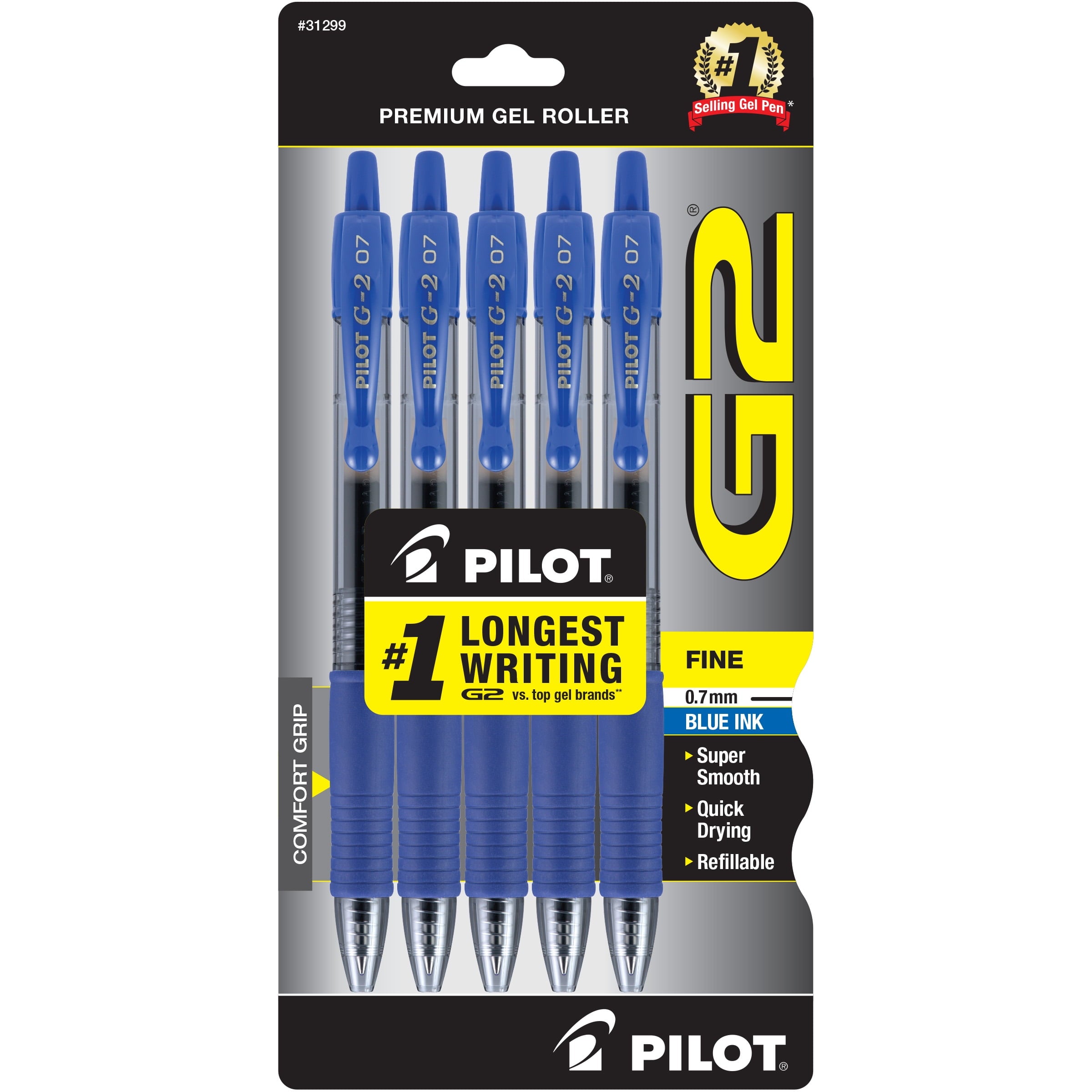 Pilot G2 Retractable Gel Ink Pens, Fine Point, 0.7mm. Black Ink, 5 Pack