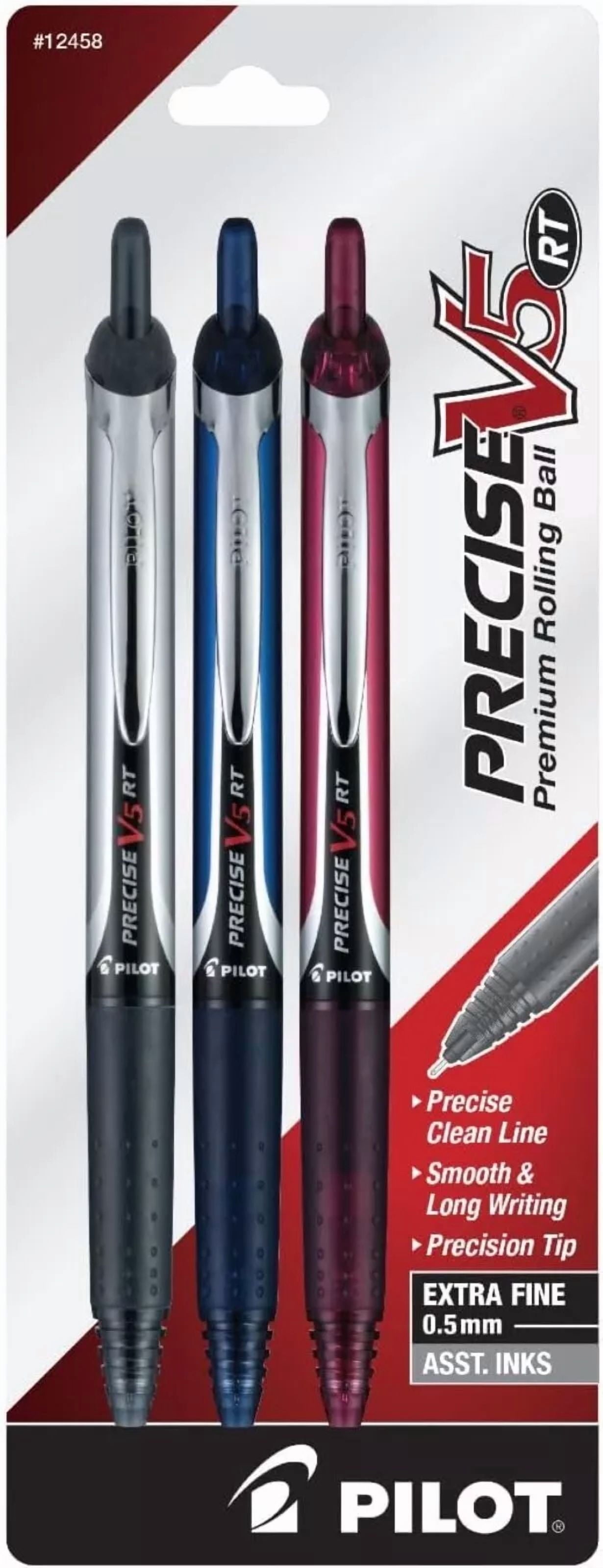 Pilot Precise V5 Extra Fine 0.5Mm Rolling Ball Pens 3 Pack - Black, Blue, Red