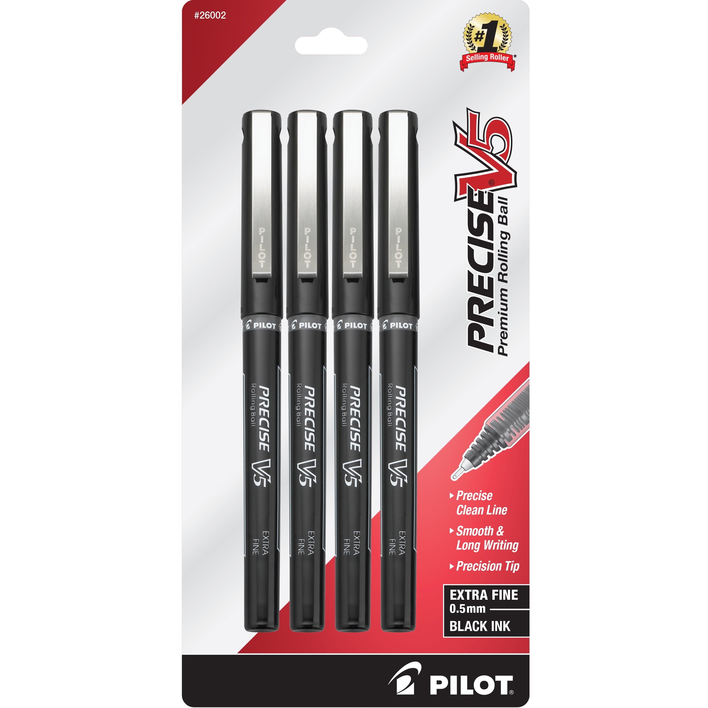 Pilot Precise V5 Rolling Ball Pens, Extra Fine, 0.5mm, Black Ink, 4 Pack