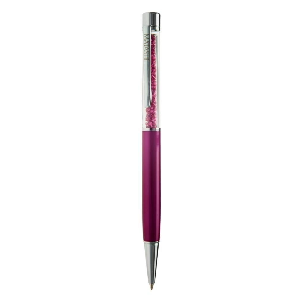 Pink Themed Chrome Plated Comfort Grip Ballpoint Pen with Pink Crystal Filled Top and Matashi Etching